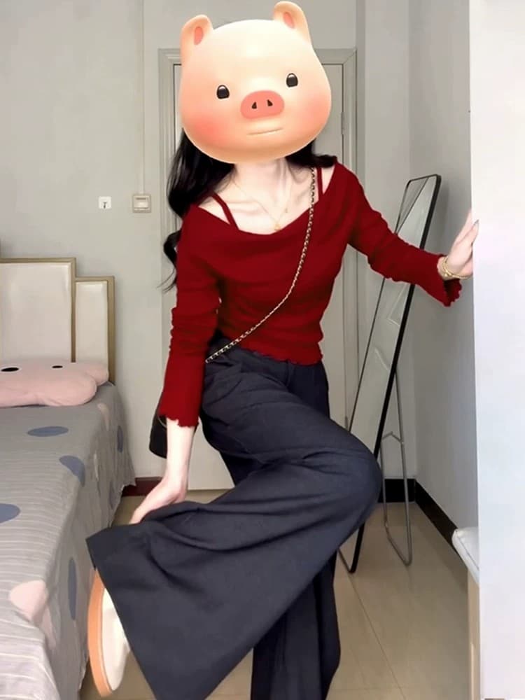 빨간색 오프숄더 페이크 레이어드 슬립 맨위 여성 이른 가을 2026 새로운 한 부서 착용 가져 가라. 인사이드 가져 가라. 스웨터 니트 스웨터