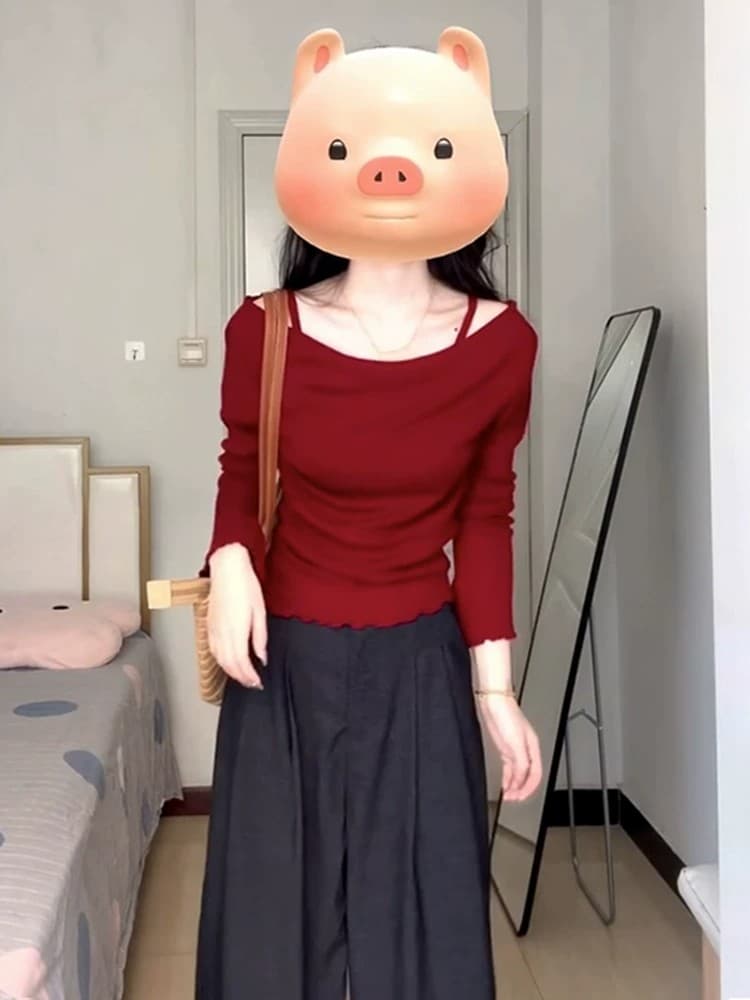 빨간색 오프숄더 페이크 레이어드 슬립 맨위 여성 이른 가을 2026 새로운 한 부서 착용 가져 가라. 인사이드 가져 가라. 스웨터 니트 스웨터 이미지 4