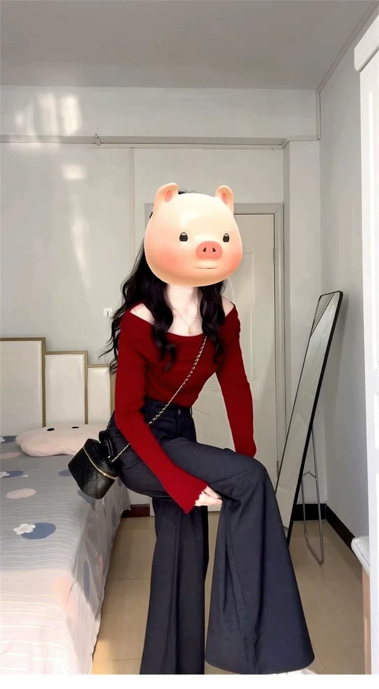 빨간색 오프숄더 페이크 레이어드 슬립 맨위 여성 이른 가을 2026 새로운 한 부서 착용 가져 가라. 인사이드 가져 가라. 스웨터 니트 스웨터 상세 이미지 2