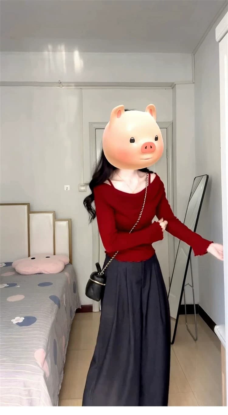 빨간색 오프숄더 페이크 레이어드 슬립 맨위 여성 이른 가을 2026 새로운 한 부서 착용 가져 가라. 인사이드 가져 가라. 스웨터 니트 스웨터 상세 이미지 8