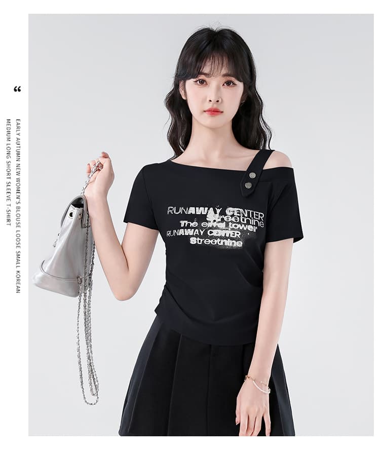 실사 2026 실사 여름 새로운 디자인 센스 알파벳 오프숄더 Chic 슬림해 보이는 다용도 반팔 티셔츠 맨위 여성 상세 이미지 16