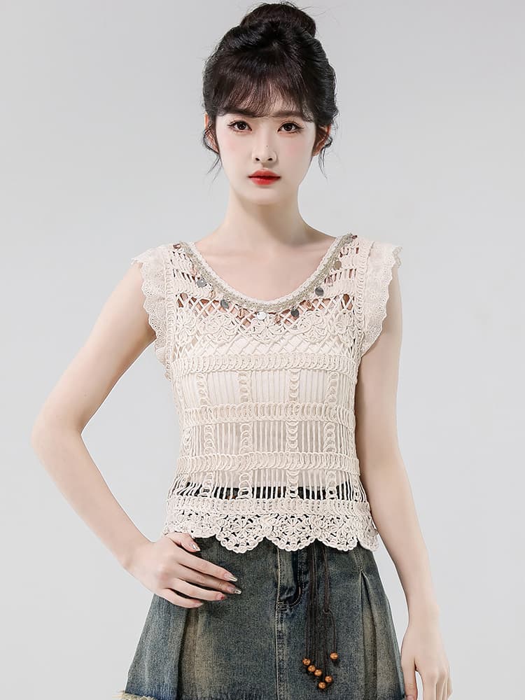 실사 2026 프랑스식 디자인 센스 자수 홀로우 아웃 라운드 넥 조끼 여성 의류 여름 니트 스웨터 레이스 작은 셔츠 상세 이미지 16