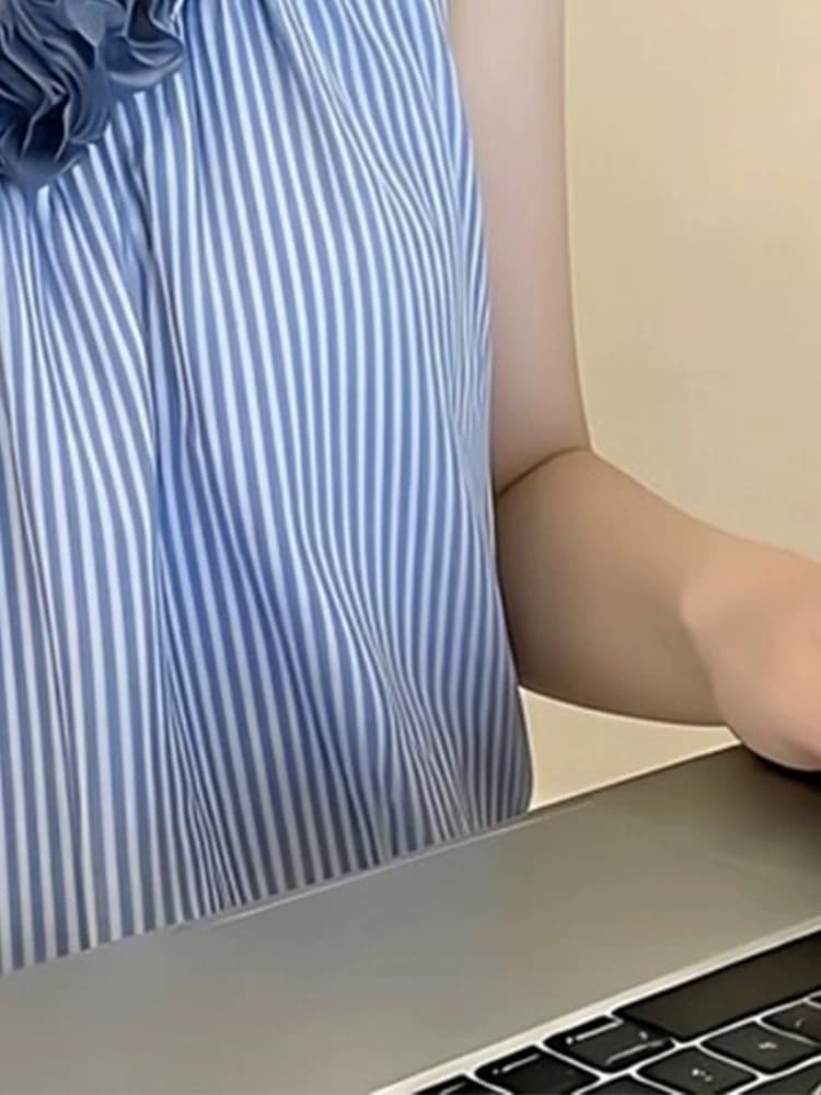 여름 디자인 센스 3 차원 꽃 패치워크 오프숄더 맨위 고유 한 프랑스식 핫걸 비스듬한 어깨 스트라이프 조끼 여성 외출용 상세 이미지 4