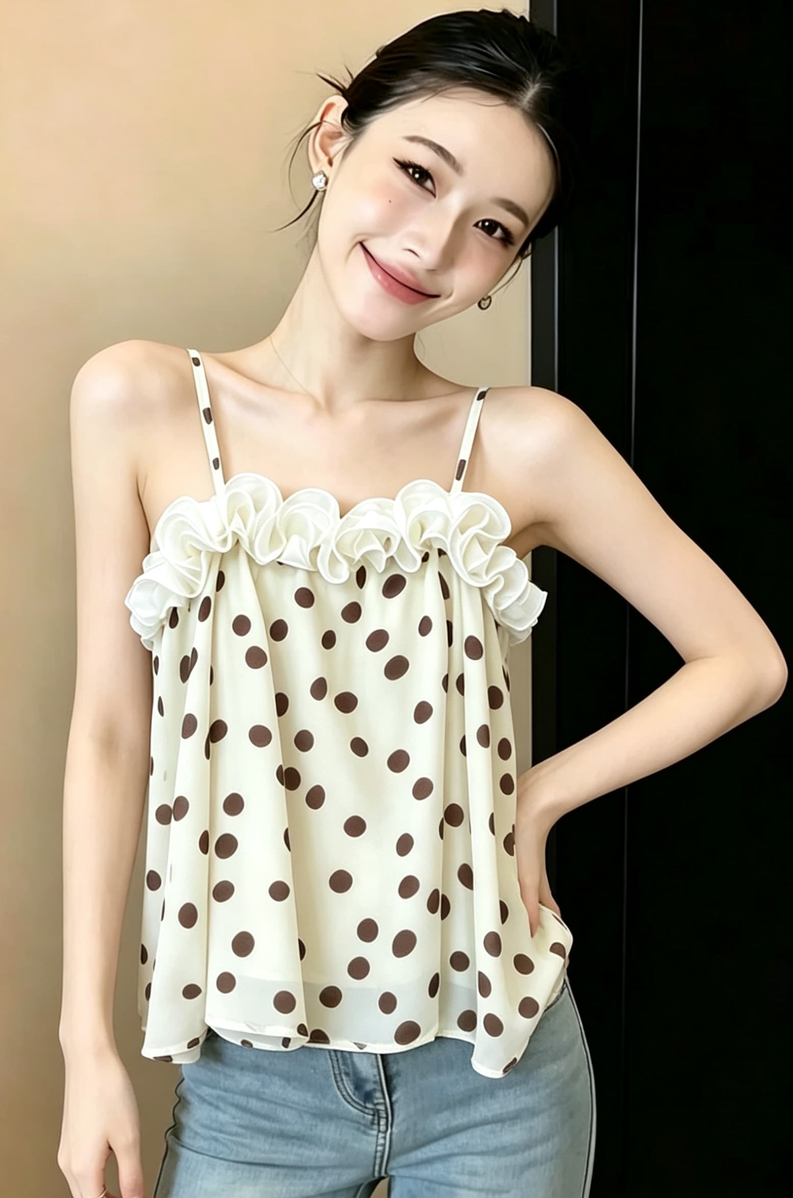 디자인 센스 3 차원 레이스 칼라 도트 무늬 캐미솔 여름 새로운 빅 사이즈 레트로 품격 루즈핏 다용도 맨위 이미지 4