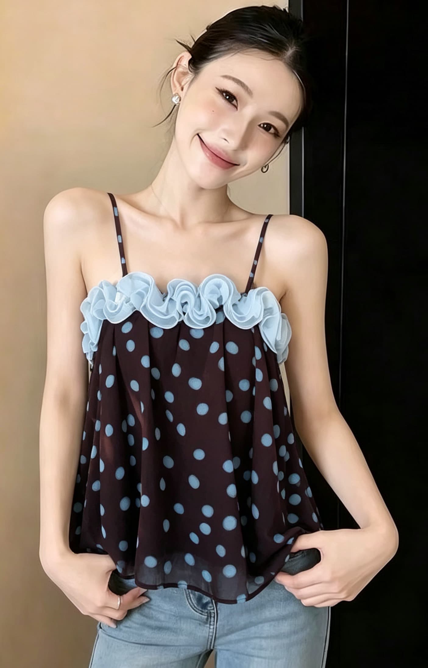 디자인 센스 3 차원 레이스 칼라 도트 무늬 캐미솔 여름 새로운 빅 사이즈 레트로 품격 루즈핏 다용도 맨위 상세 이미지 4
