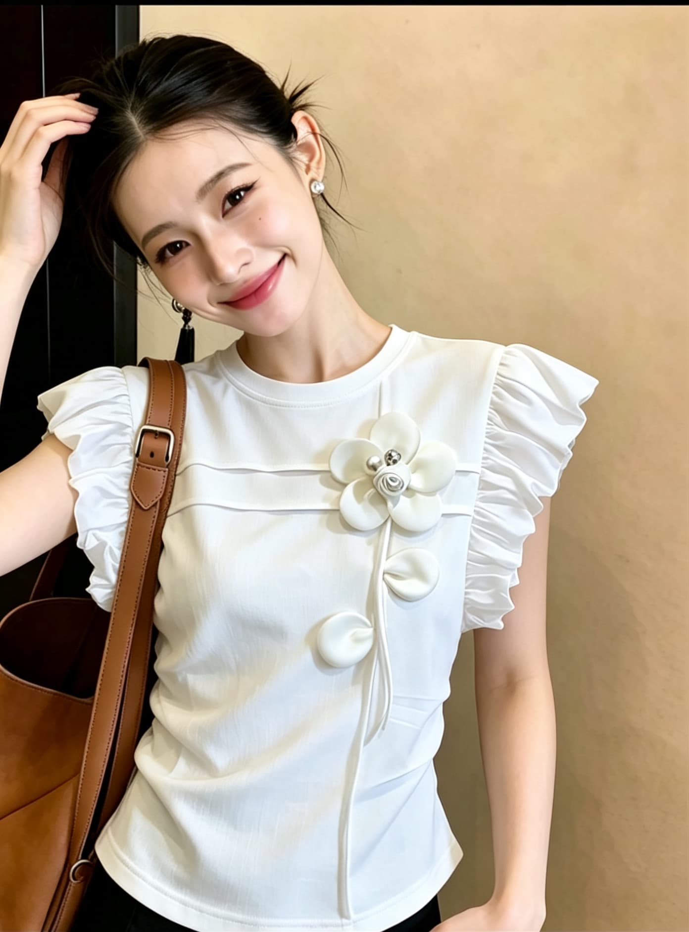 여름 프랑스식 3 차원 꽃 화이트 작은 날다 소매 티셔츠 여성 디자인 센스 불규칙 꼬집기 허리 몸매 가꾸기 다용도 맨위 이미지 2