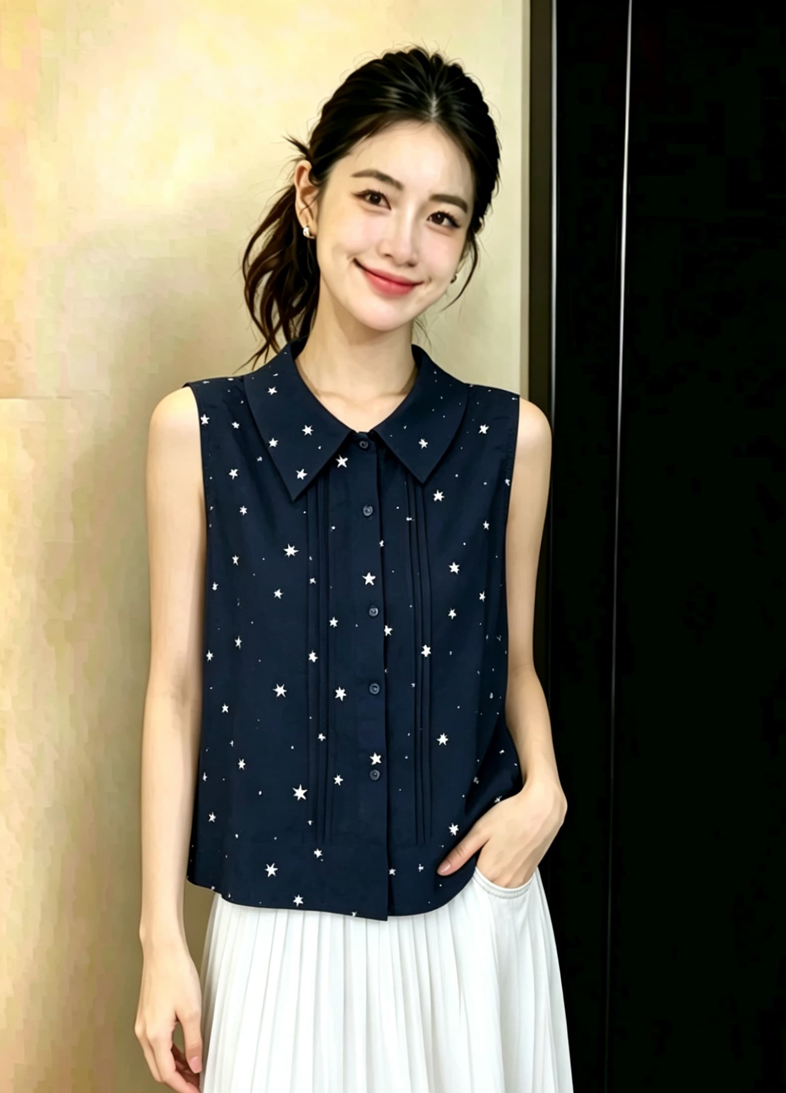디자인 센스 하트 프린트 싱글 줄 버튼 폴로 칼라 민소매 조끼 2026 여름 패션 트렌드 Chic 작은 셔츠 맨위 상세 이미지 2