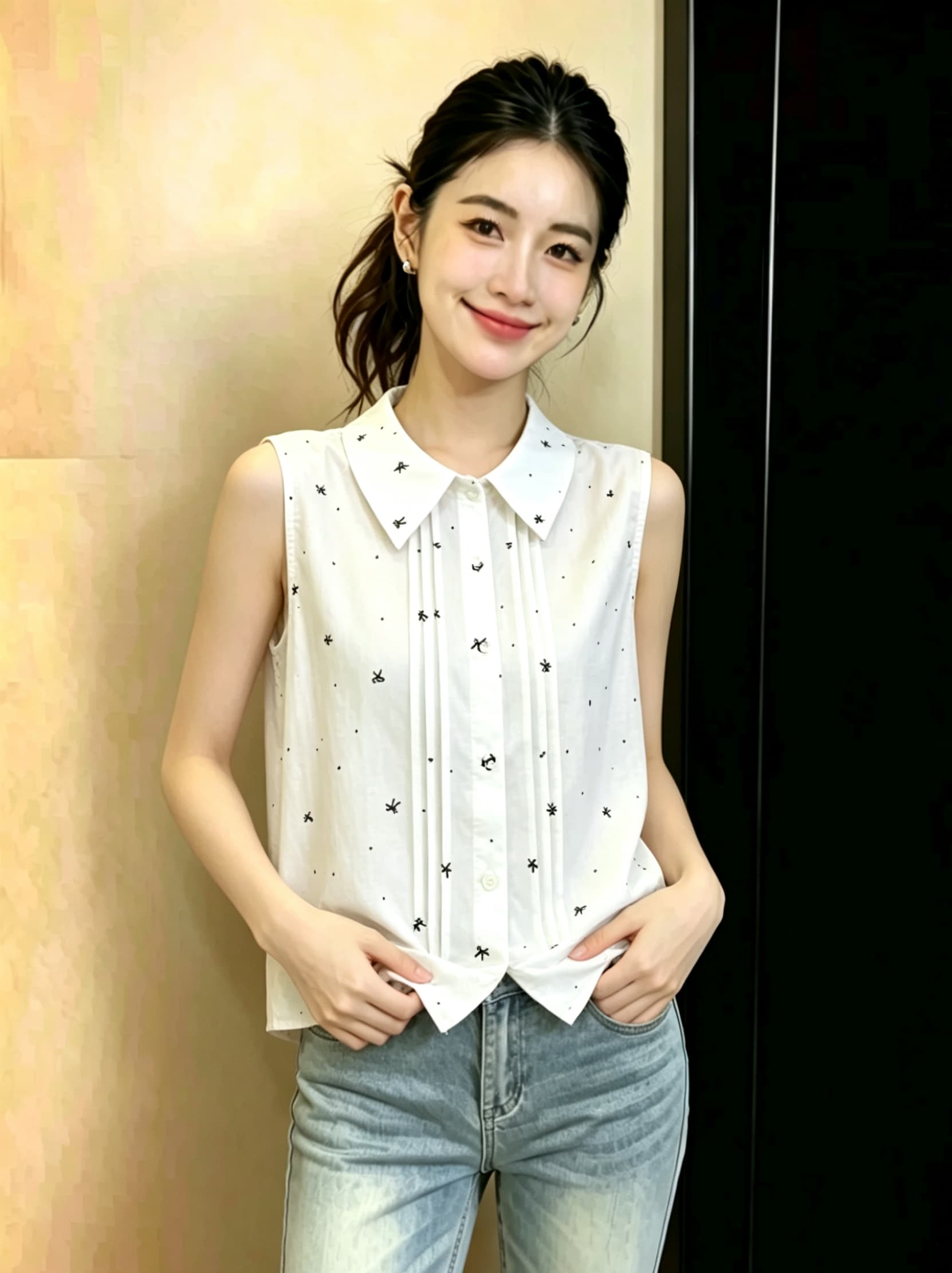 디자인 센스 하트 프린트 싱글 줄 버튼 폴로 칼라 민소매 조끼 2026 여름 패션 트렌드 Chic 작은 셔츠 맨위 상세 이미지 3