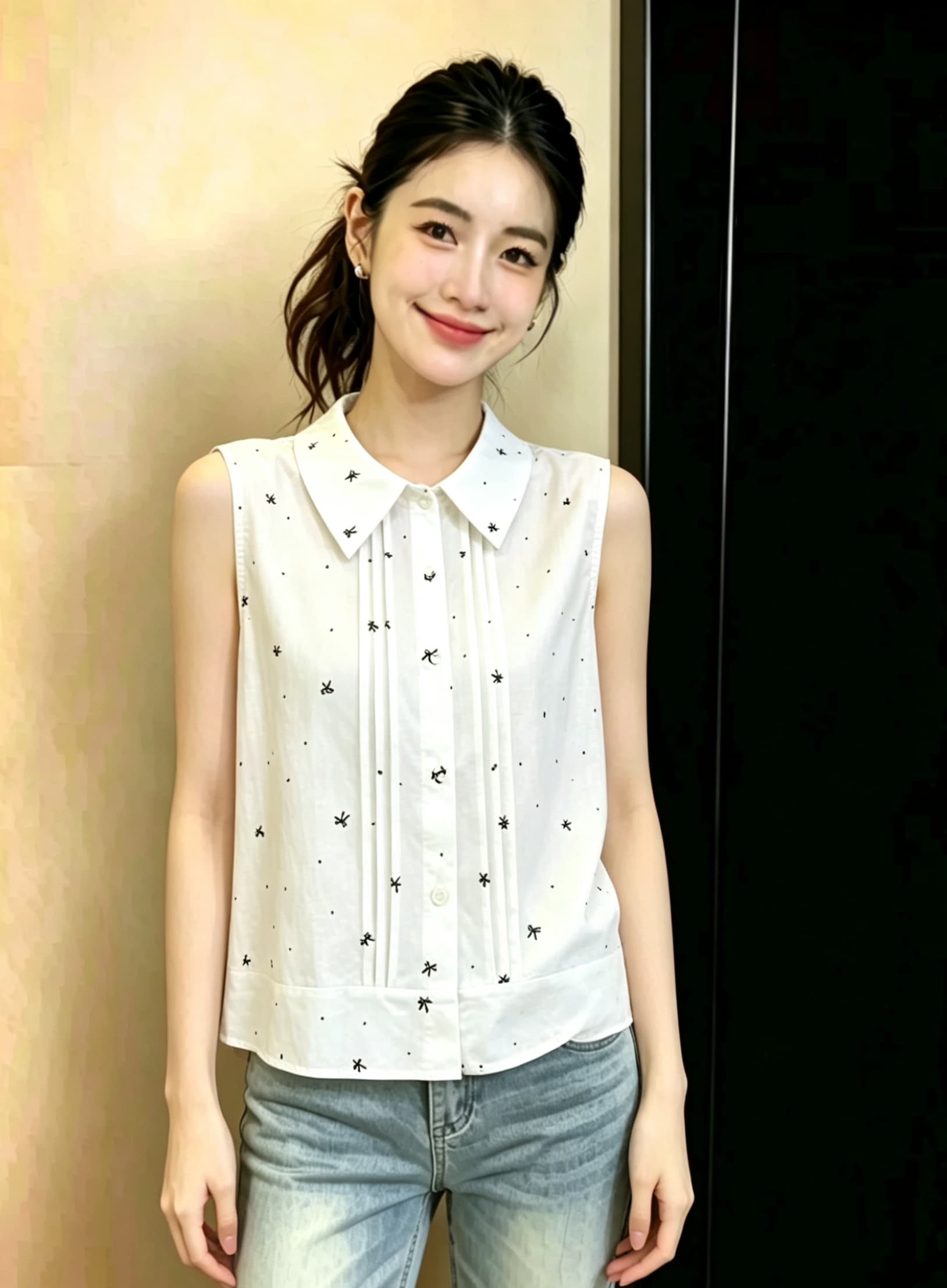 디자인 센스 하트 프린트 싱글 줄 버튼 폴로 칼라 민소매 조끼 2026 여름 패션 트렌드 Chic 작은 셔츠 맨위 상세 이미지 5