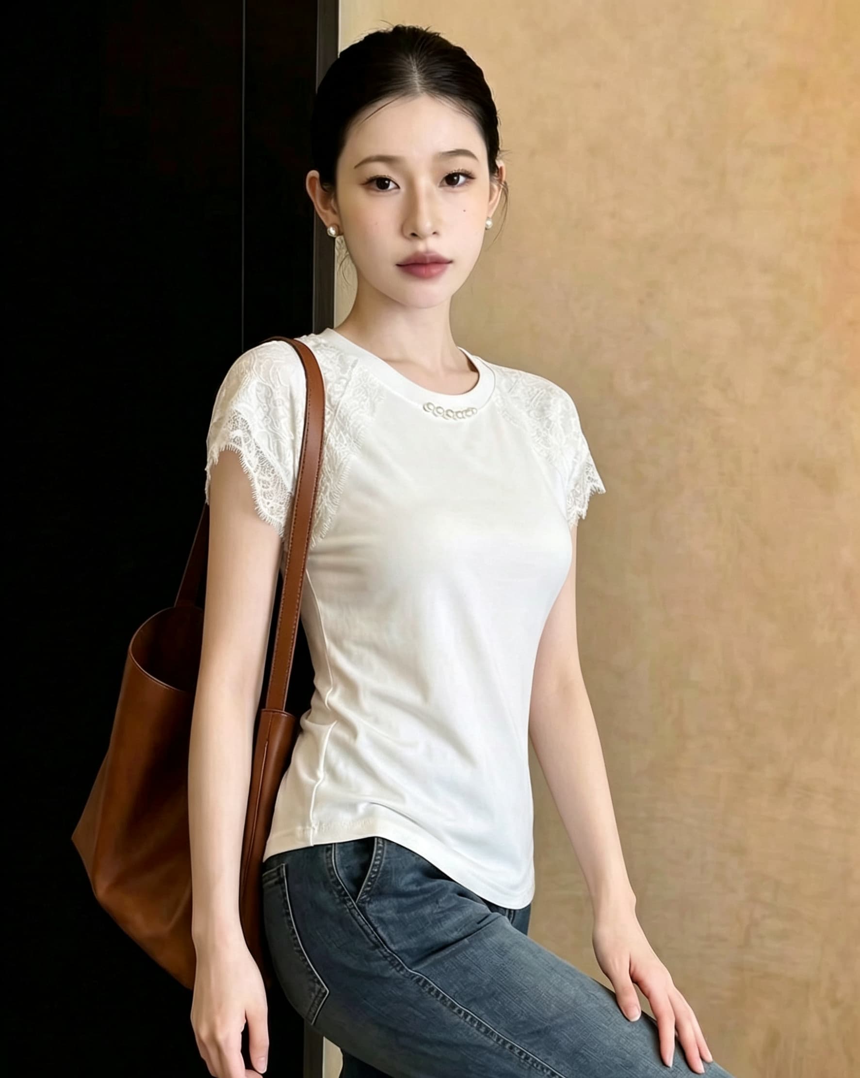 실사 프랑스식 디자인 무거운 작업 비즈 박기 레이스 조각 반팔 티셔츠 여성 여름 새로운 허리 수축 슬림해 보이는 맨위 이미지 3
