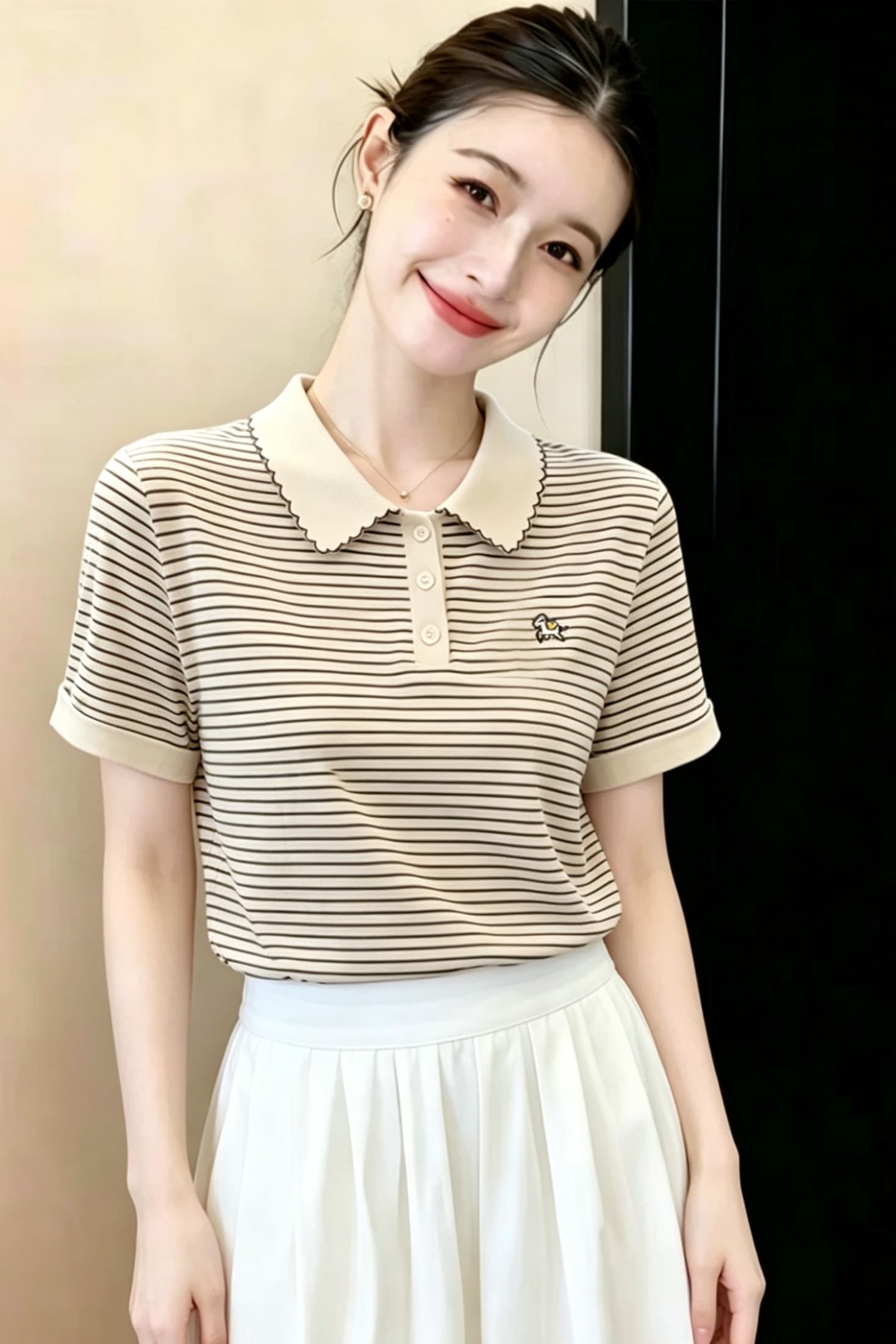 POLO 칼라 긍정적 인 어깨 스트라이프 티셔츠 여성 여름 2026 년 새로운 고유 한 아름다운 Chic 작은 대중 아니요 명중 섹션 맨위 이미지 6