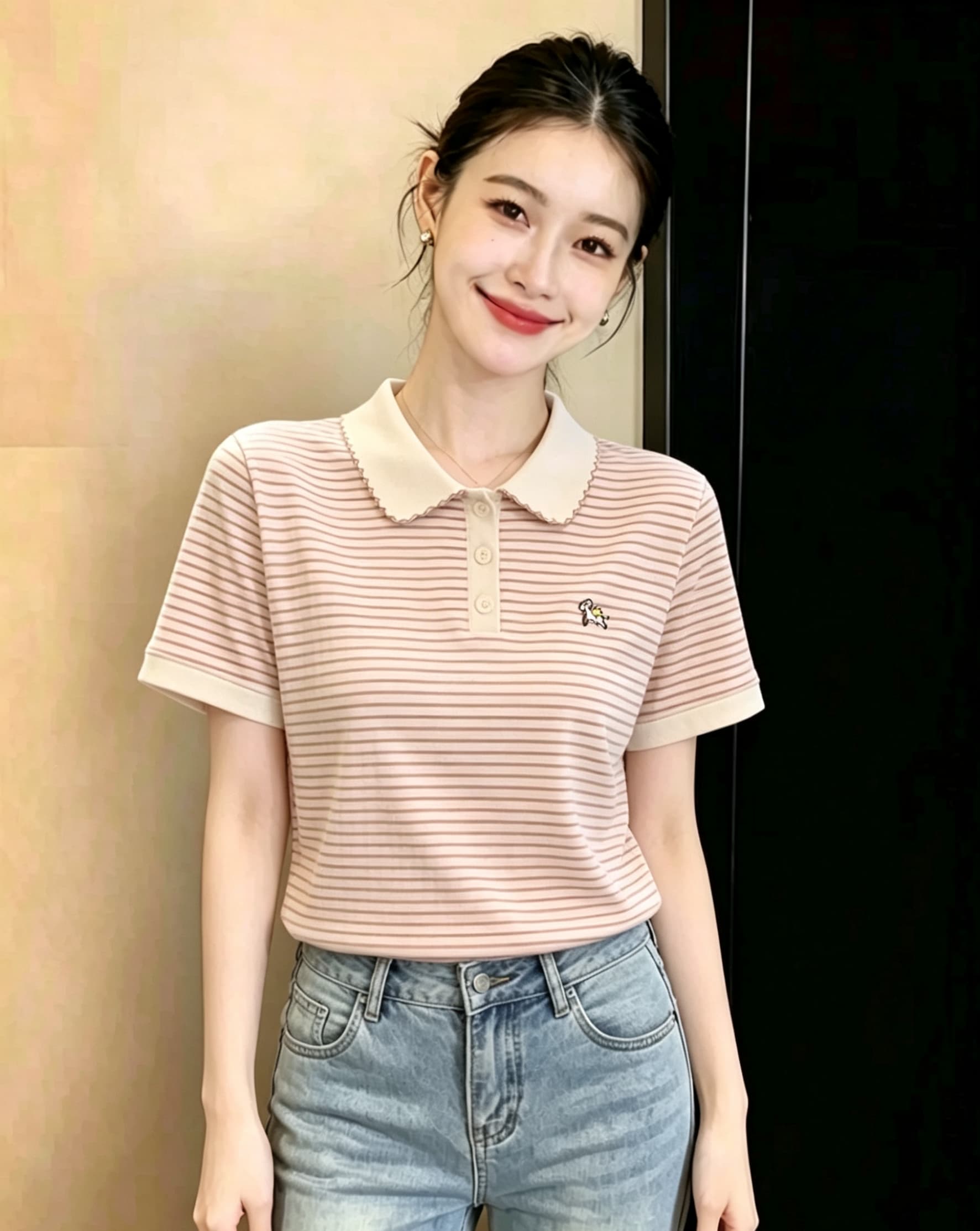 POLO 칼라 긍정적 인 어깨 스트라이프 티셔츠 여성 여름 2026 년 새로운 고유 한 아름다운 Chic 작은 대중 아니요 명중 섹션 맨위 상세 이미지 2