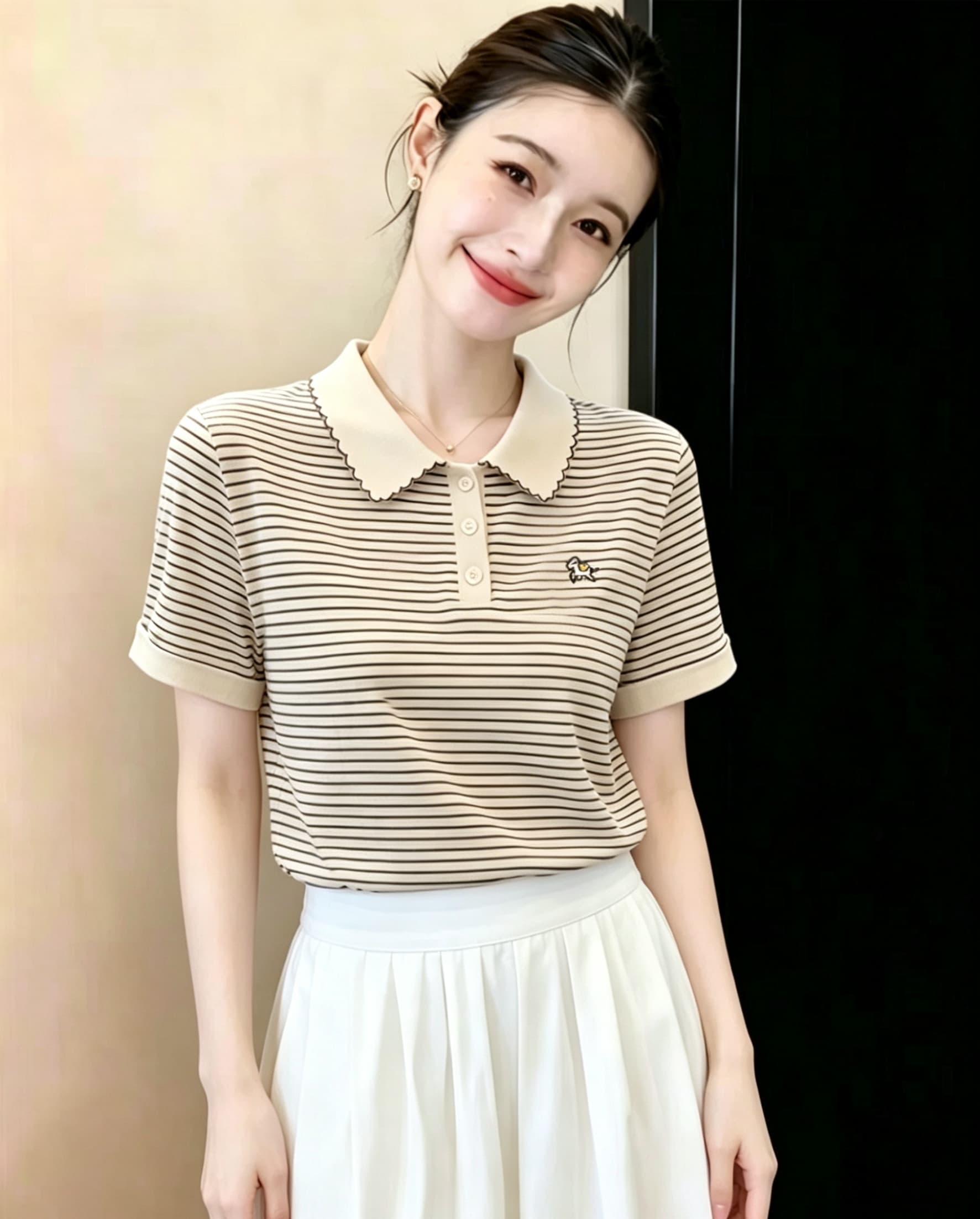 POLO 칼라 긍정적 인 어깨 스트라이프 티셔츠 여성 여름 2026 년 새로운 고유 한 아름다운 Chic 작은 대중 아니요 명중 섹션 맨위 상세 이미지 3