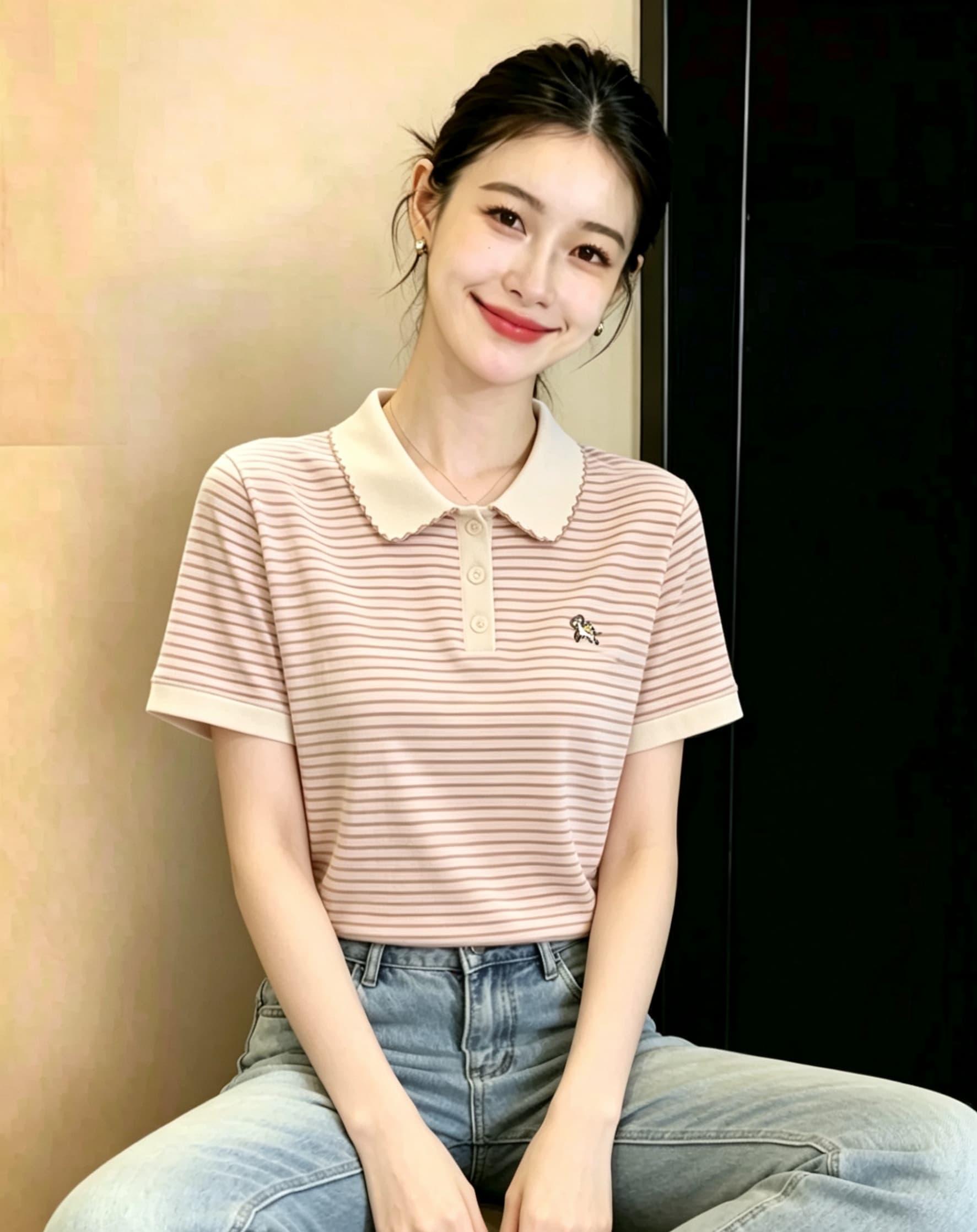 POLO 칼라 긍정적 인 어깨 스트라이프 티셔츠 여성 여름 2026 년 새로운 고유 한 아름다운 Chic 작은 대중 아니요 명중 섹션 맨위 상세 이미지 7