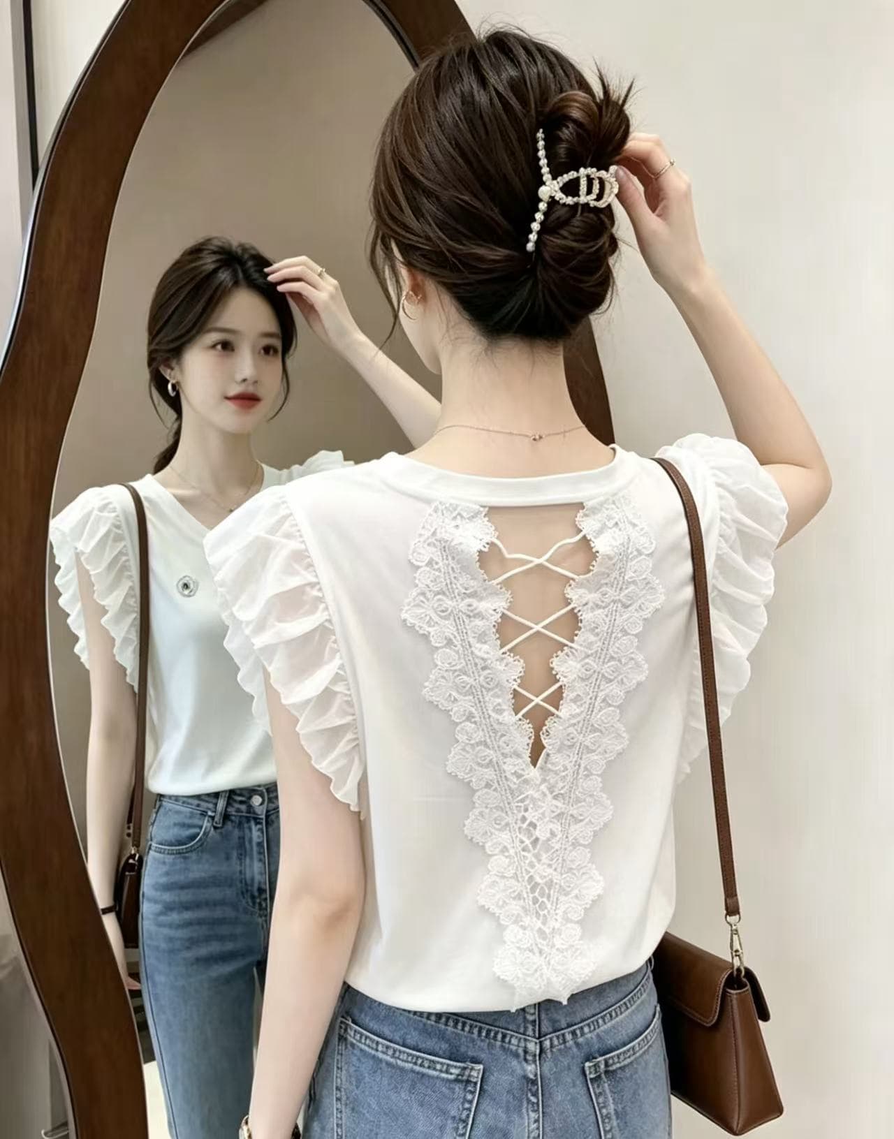 한국 스타일 몸매 가꾸기 반팔 티셔츠 여성 여름 드레스 2026 새로운 뒤로 홀로우 아웃 레이스 조각 Feifei 소매 달콤함 맨위 이미지 2