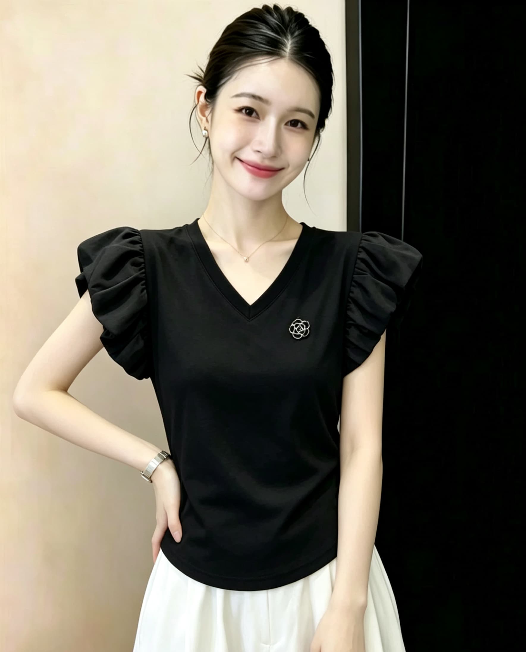 한국 스타일 몸매 가꾸기 반팔 티셔츠 여성 여름 드레스 2026 새로운 뒤로 홀로우 아웃 레이스 조각 Feifei 소매 달콤함 맨위 상세 이미지 6