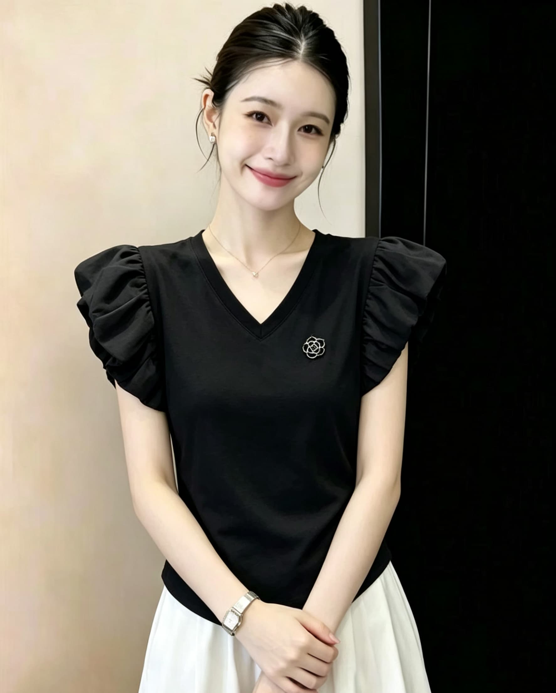 한국 스타일 몸매 가꾸기 반팔 티셔츠 여성 여름 드레스 2026 새로운 뒤로 홀로우 아웃 레이스 조각 Feifei 소매 달콤함 맨위 상세 이미지 7