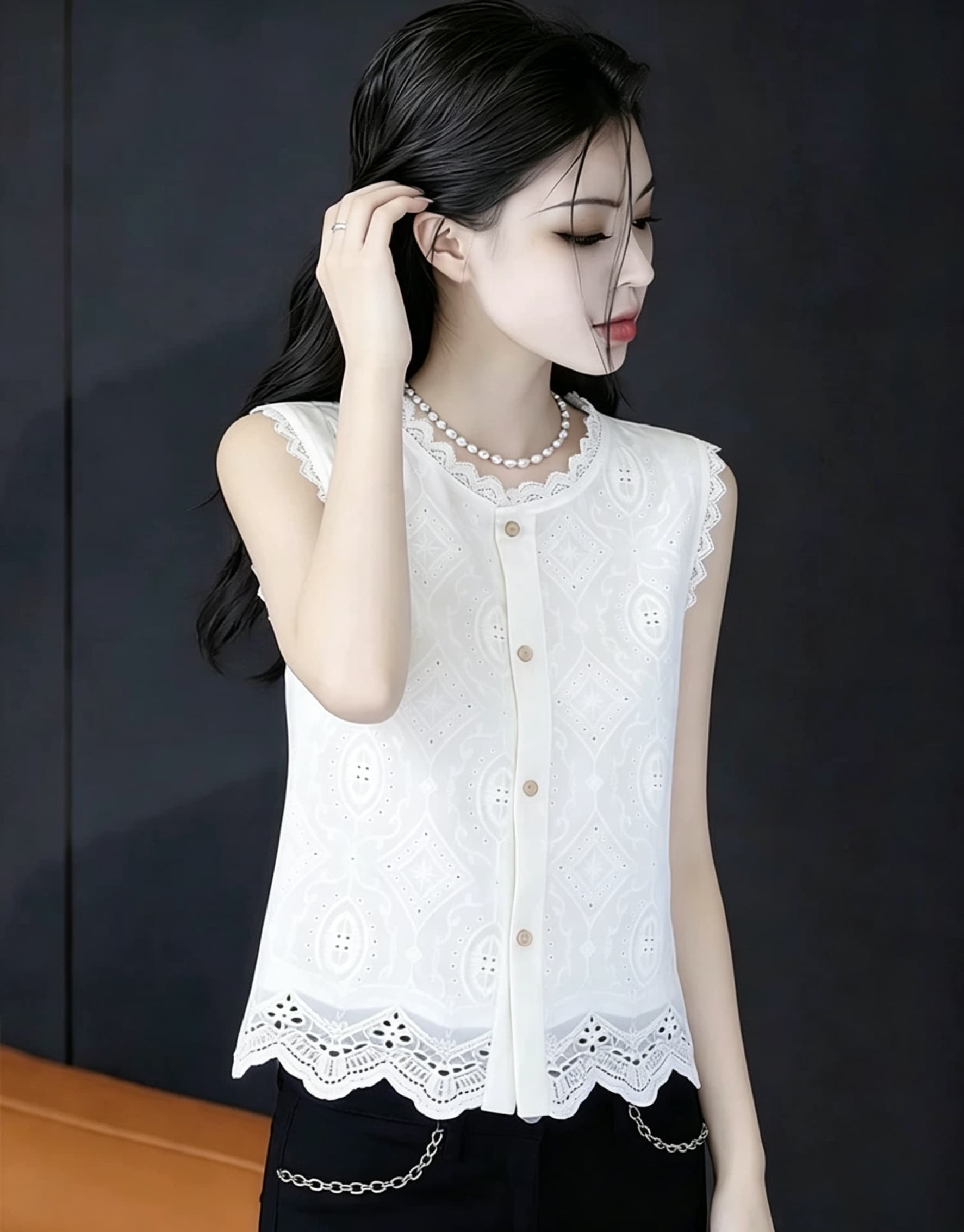 한 부서 레이스 홀로우 아웃 레이스 민소매 여성 셔츠 여름 2026 새로운 달콤함 싱글 줄 버튼 오픈 가디건 베스트 맨위 상세 이미지 2