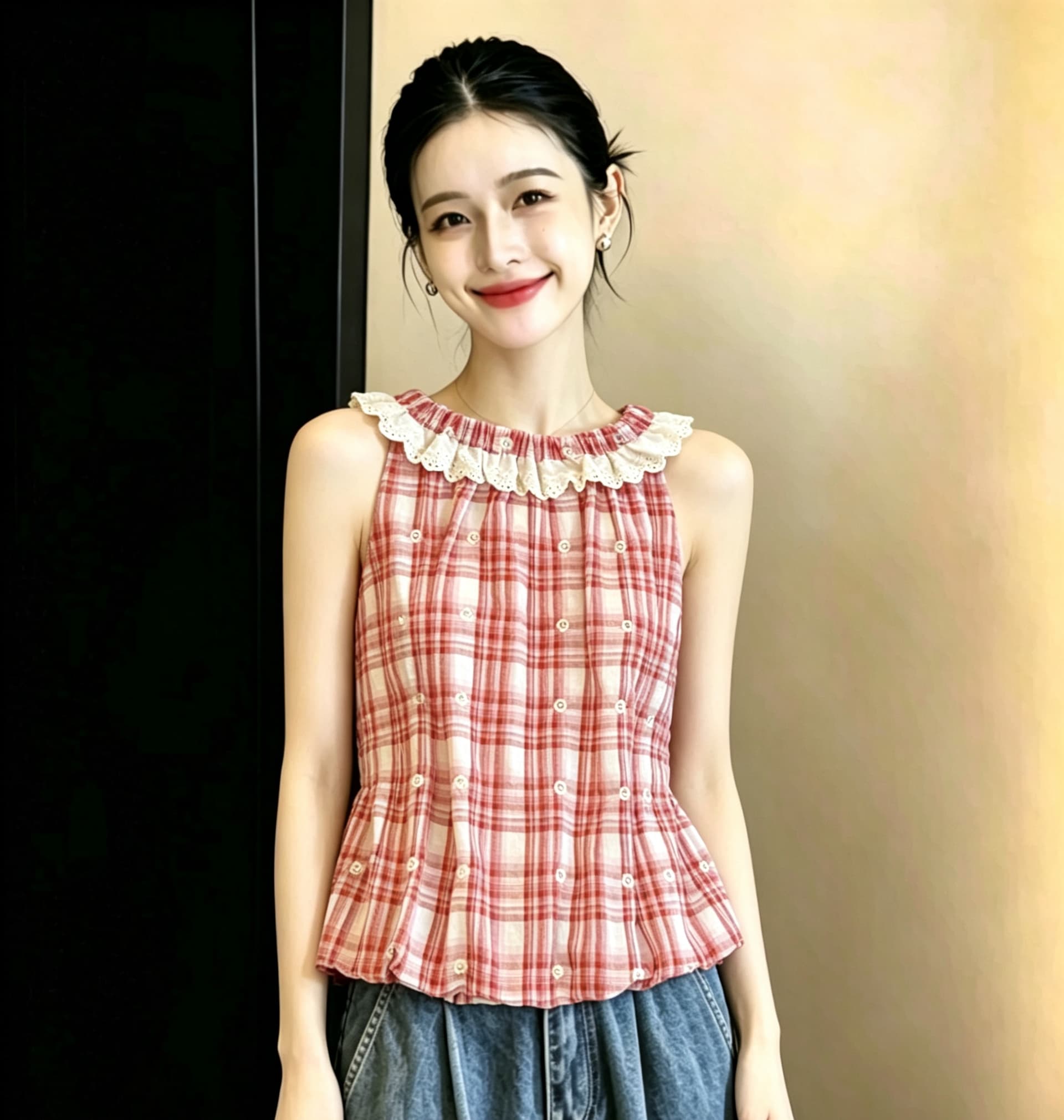 프랑스식 레이스 레이스 행침 목 조끼 여성 여름 섹션 도파민 소녀 체크무늬 인형 셔츠 민소매 꽃밭 작은 맨위 이미지 2