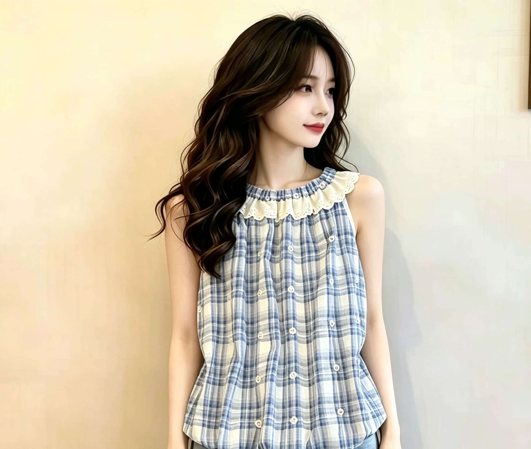 프랑스식 레이스 레이스 행침 목 조끼 여성 여름 섹션 도파민 소녀 체크무늬 인형 셔츠 민소매 꽃밭 작은 맨위
