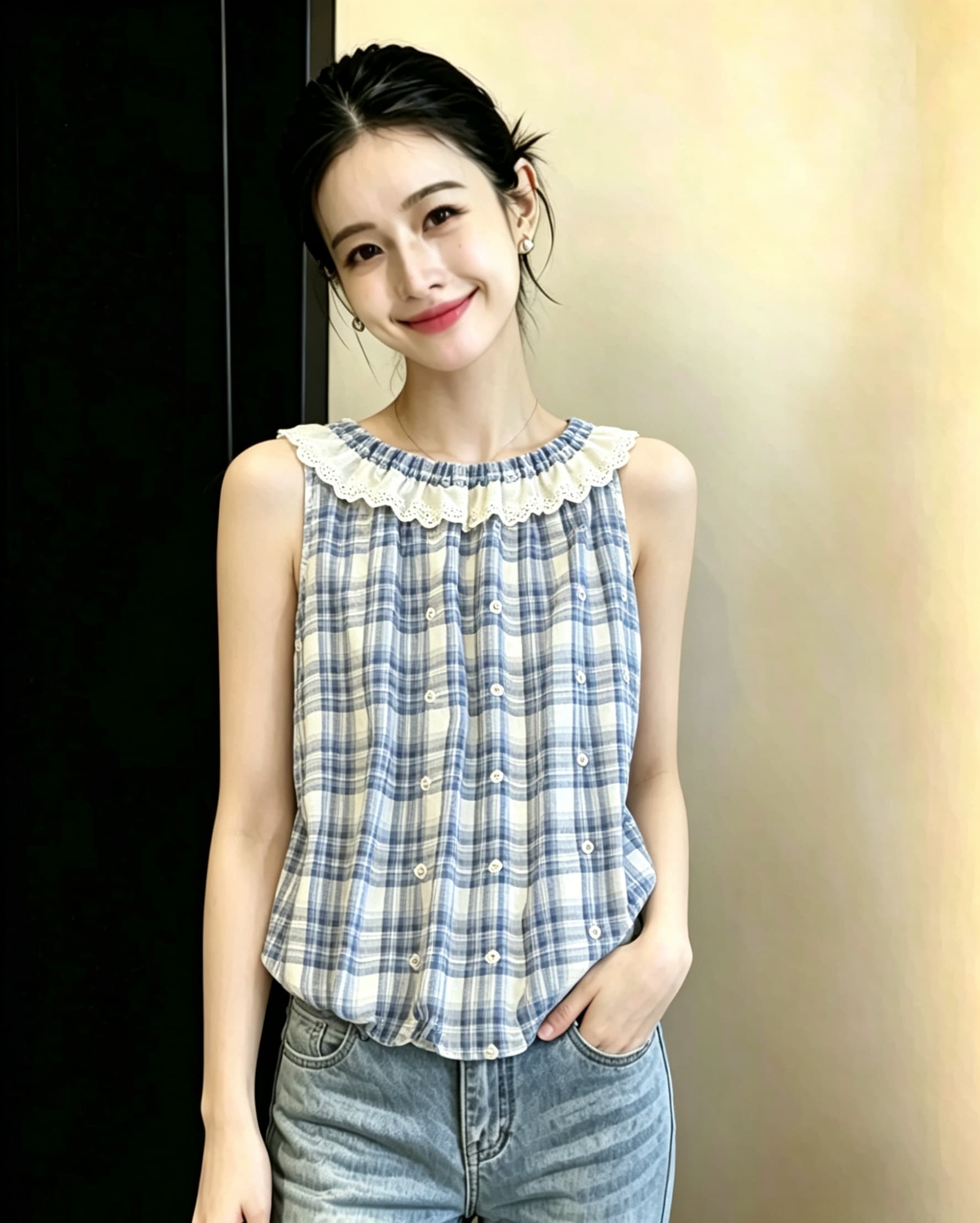 프랑스식 레이스 레이스 행침 목 조끼 여성 여름 섹션 도파민 소녀 체크무늬 인형 셔츠 민소매 꽃밭 작은 맨위 상세 이미지 5