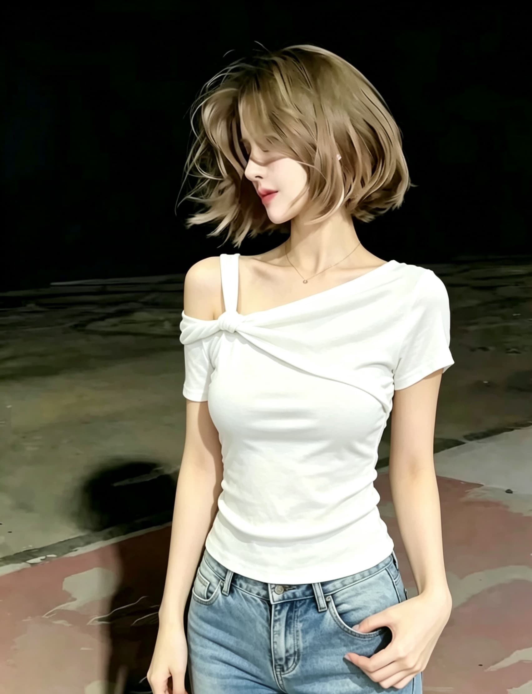 비스듬한 어깨 비틀림 반팔 티셔츠 여성 여름 한국 스타일 디자인 센스 몸매 가꾸기 슬림해 보이는 작은 대중 쇼트 스타일 핫걸 맨위 이미지 2