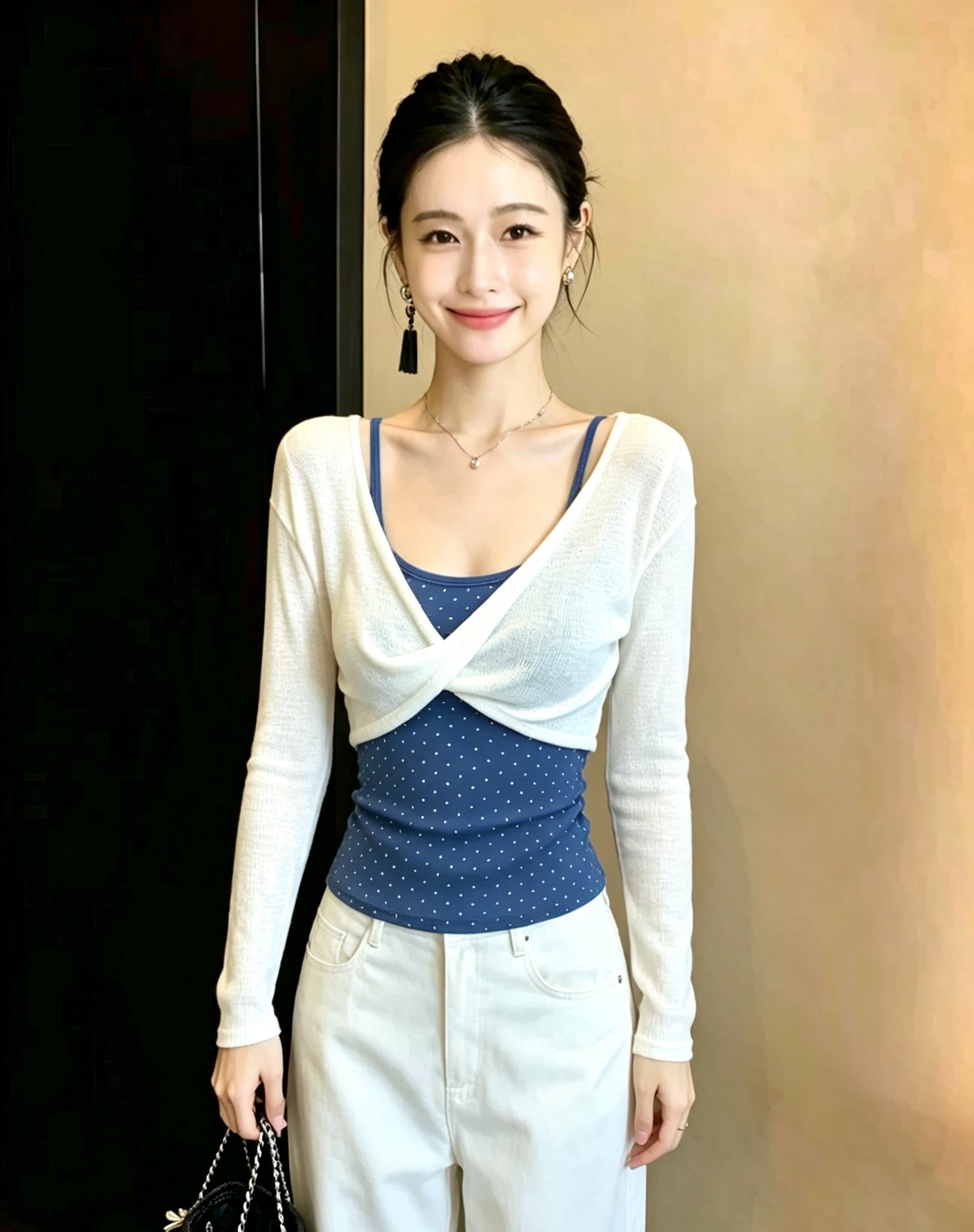 한 부서 섹시함 바람 품격 슬림해 보이는 도트 무늬 행침 목 캐미솔 2026 새로운 우아함 블라우스 투피스 세트 상세 이미지 1