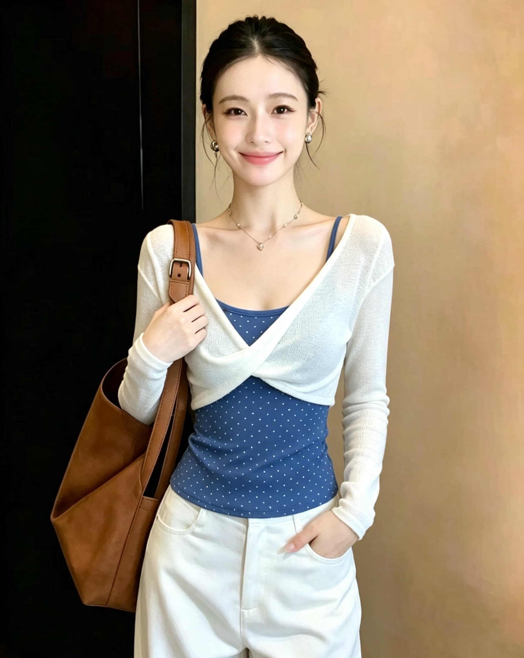 한 부서 섹시함 바람 품격 슬림해 보이는 도트 무늬 행침 목 캐미솔 2026 새로운 우아함 블라우스 투피스 세트 상세 이미지 3