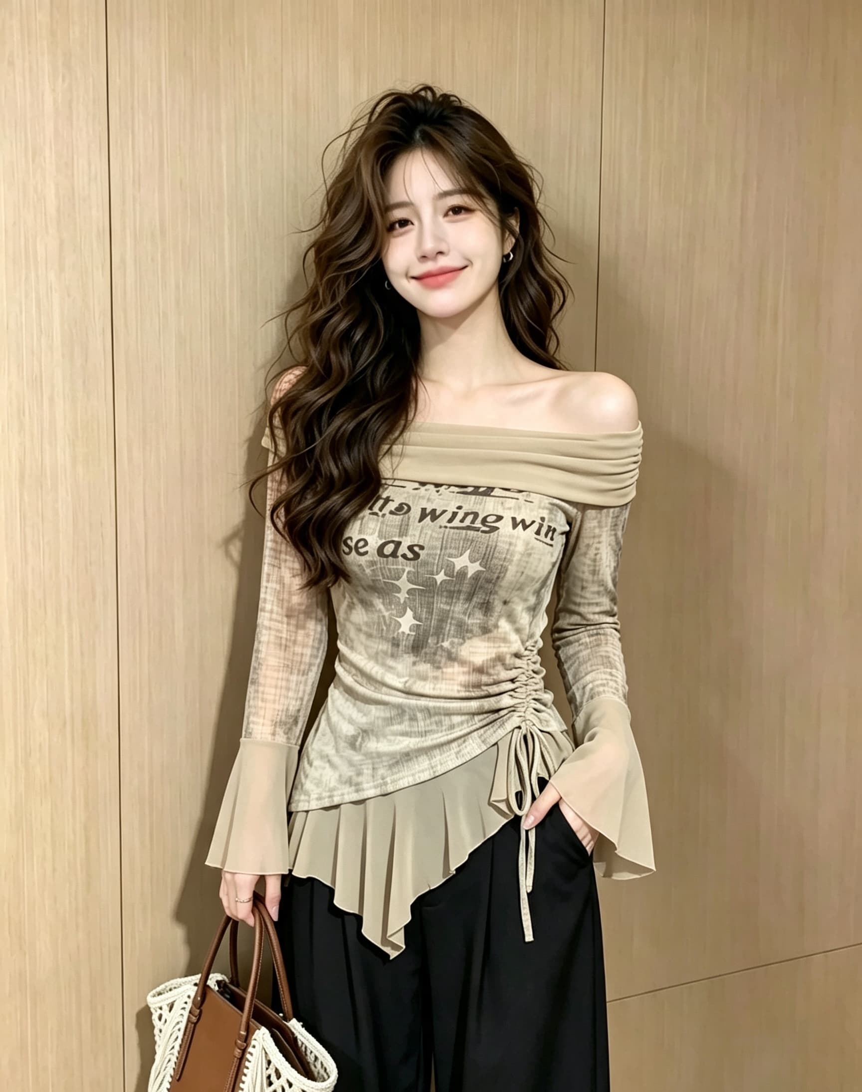 실사 핫걸 프릴 홀치기 염색 오프숄더 긴팔 티셔츠 디자인 센스 패치워크 불규칙 나팔 소매 맨위 상세 이미지 1