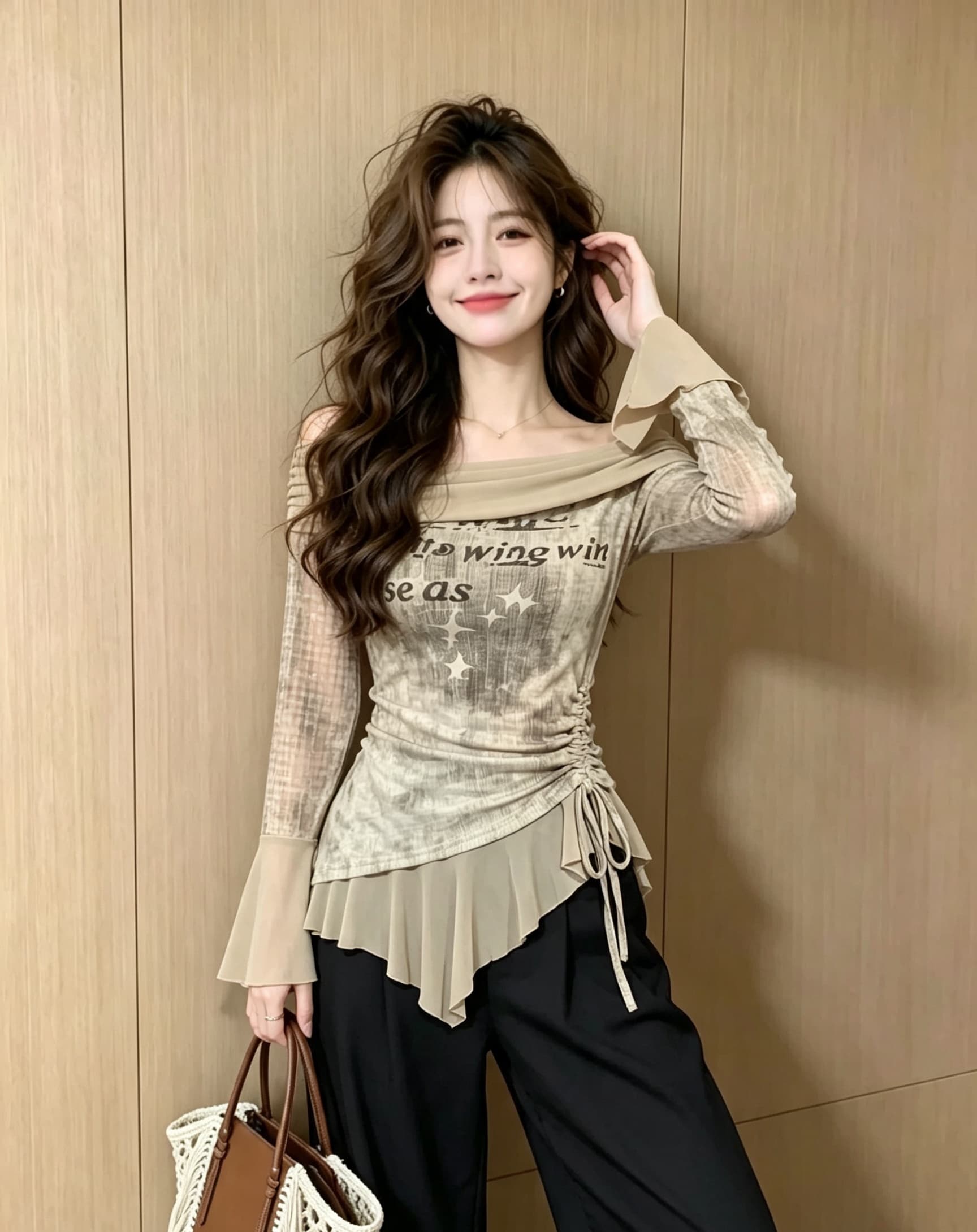 실사 핫걸 프릴 홀치기 염색 오프숄더 긴팔 티셔츠 디자인 센스 패치워크 불규칙 나팔 소매 맨위 상세 이미지 3
