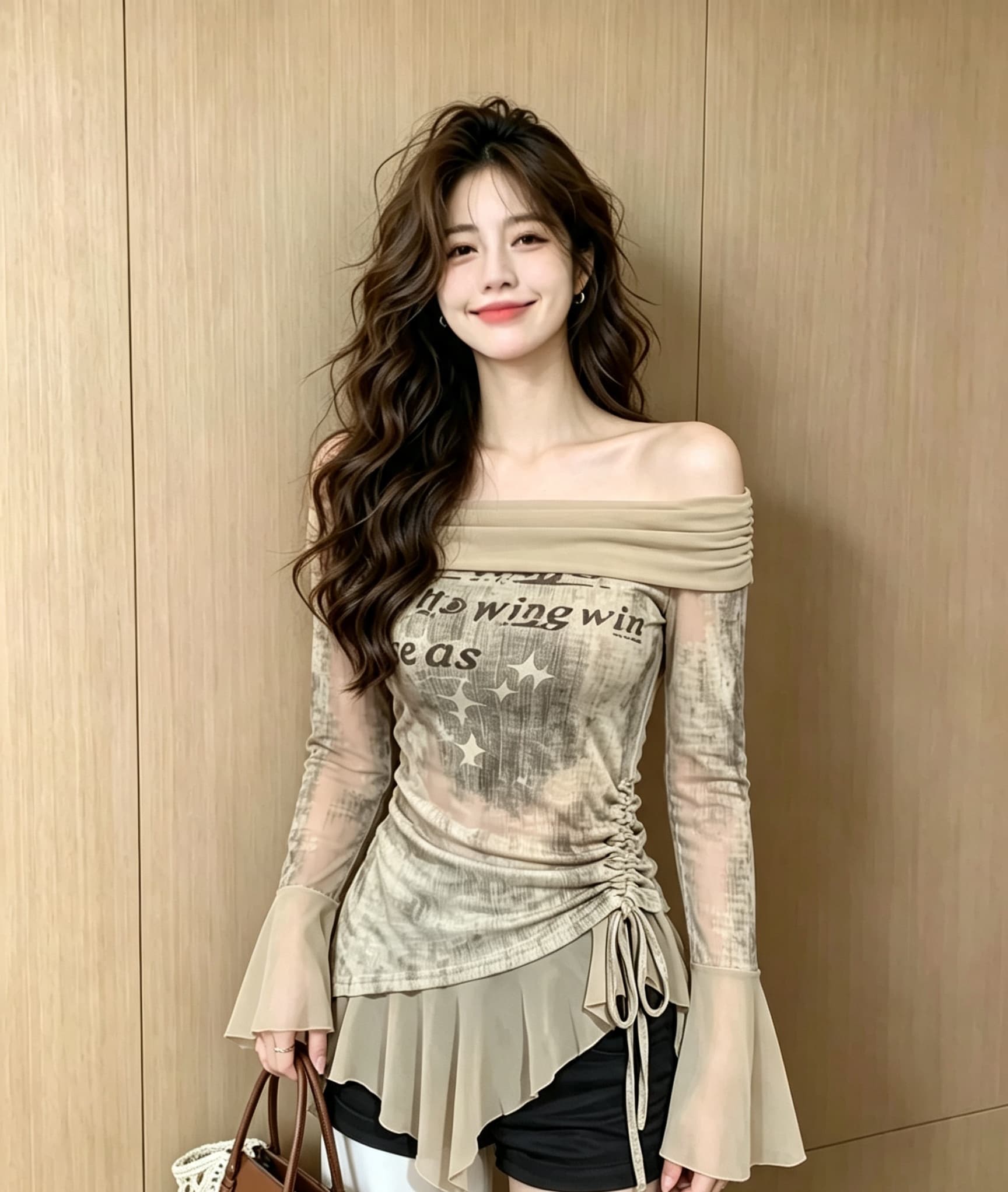 실사 핫걸 프릴 홀치기 염색 오프숄더 긴팔 티셔츠 디자인 센스 패치워크 불규칙 나팔 소매 맨위 상세 이미지 4