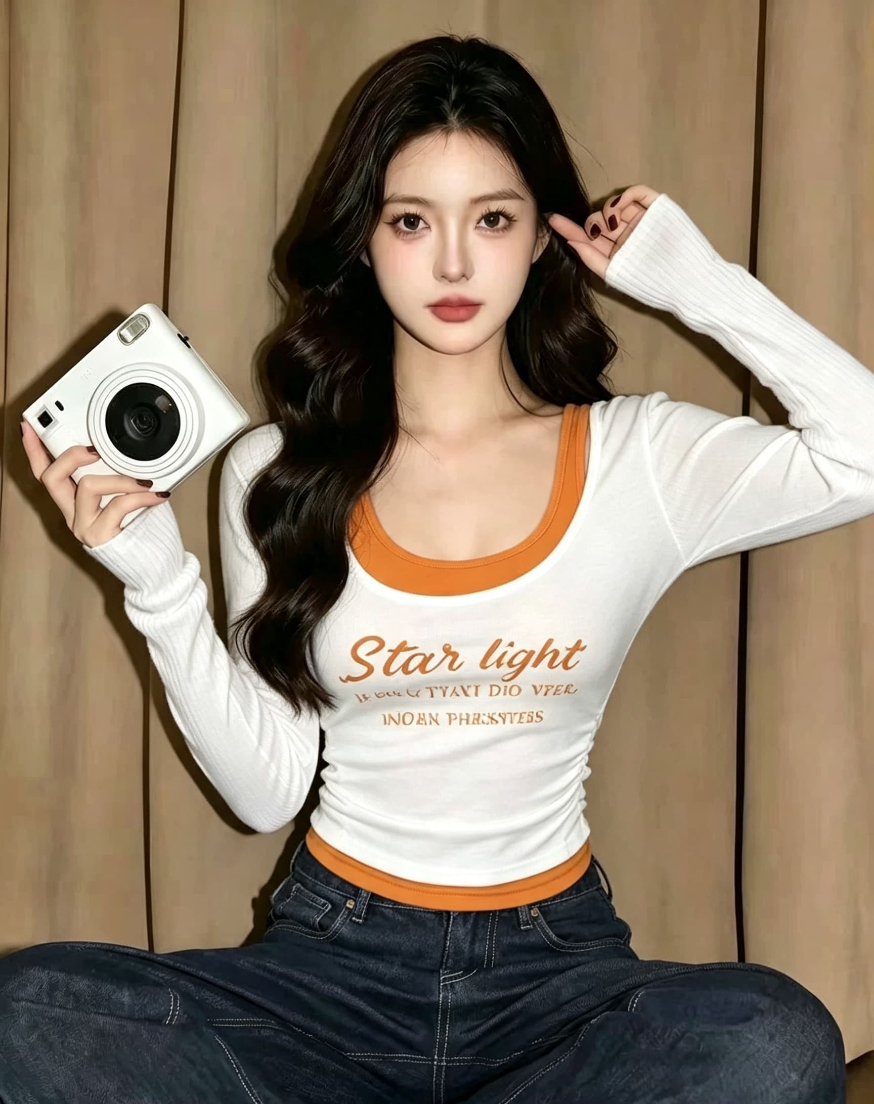 실사 몸매 가꾸기 배색 페이크 레이어드 긴팔 티셔츠 여성 가을 알파벳 프린트 펌프 Pleat 허리 수축 핫걸 쇼트 스타일 맨위 상세 이미지 2