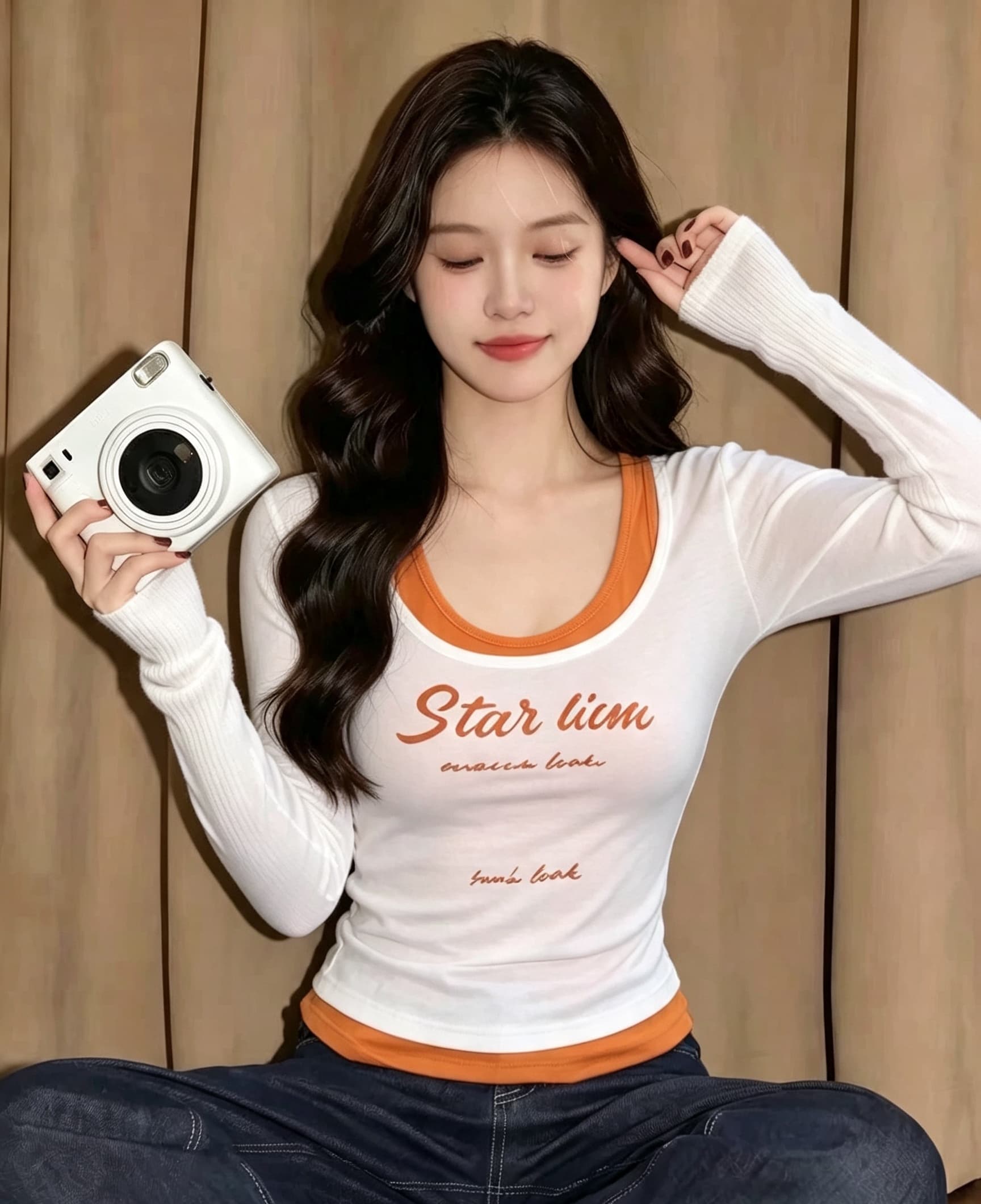 실사 몸매 가꾸기 배색 페이크 레이어드 긴팔 티셔츠 여성 가을 알파벳 프린트 펌프 Pleat 허리 수축 핫걸 쇼트 스타일 맨위 상세 이미지 5