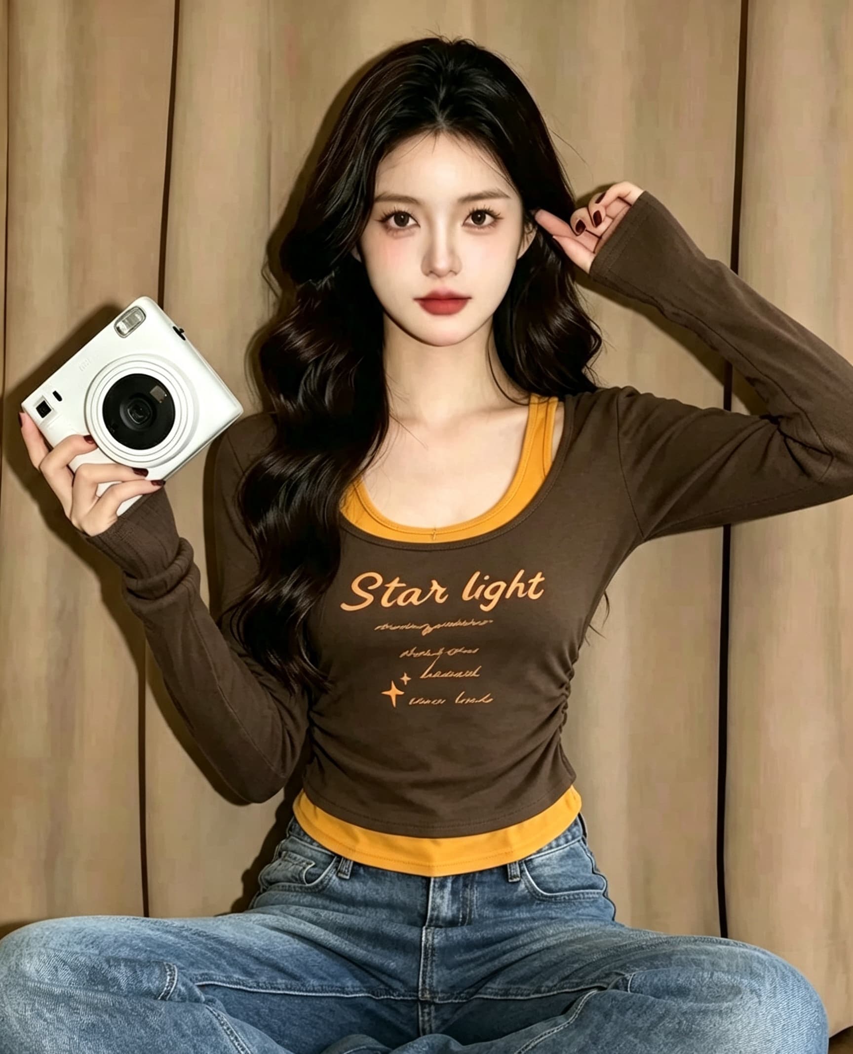 실사 몸매 가꾸기 배색 페이크 레이어드 긴팔 티셔츠 여성 가을 알파벳 프린트 펌프 Pleat 허리 수축 핫걸 쇼트 스타일 맨위 상세 이미지 6