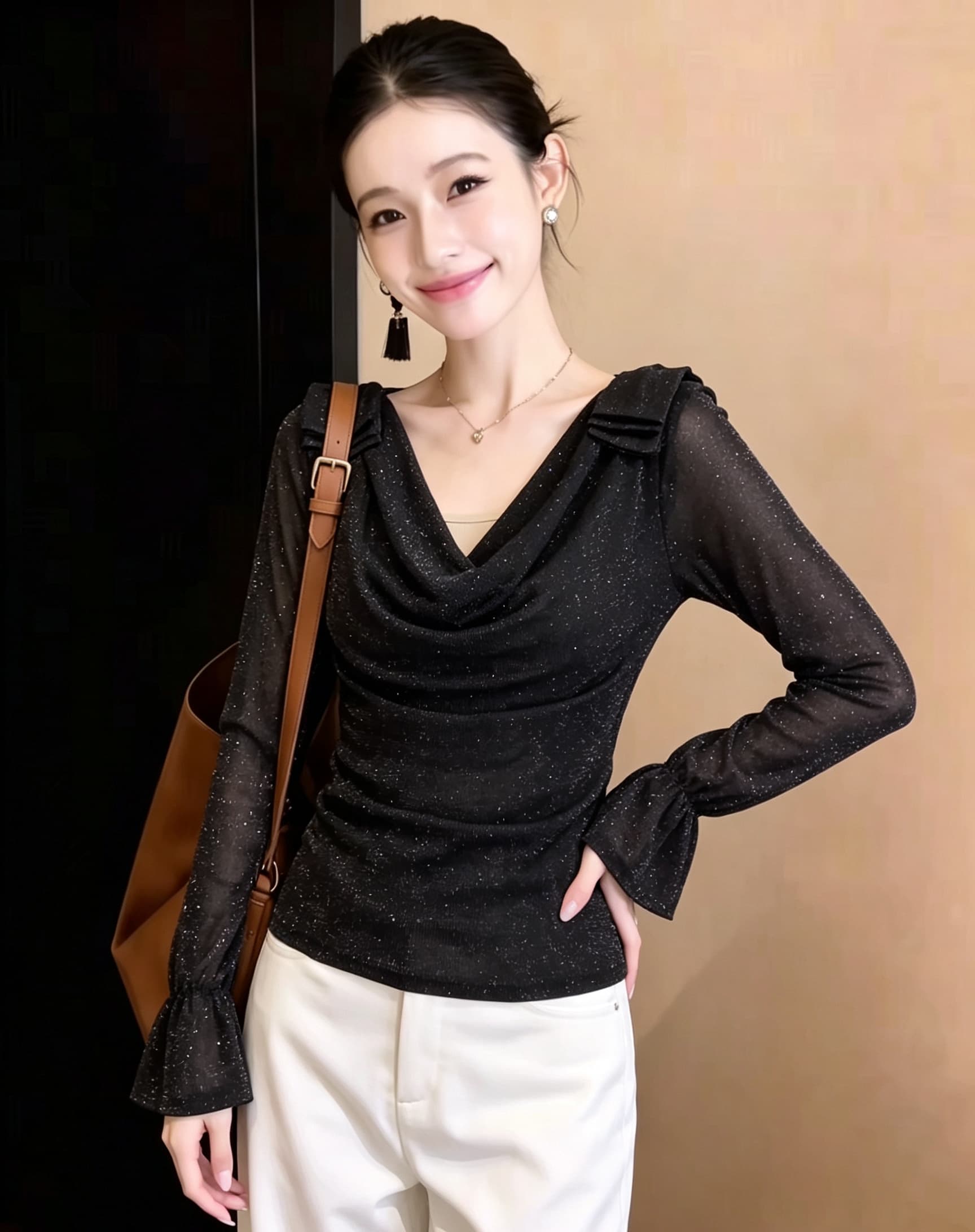 고유 한 아름다운 흔들다 칼라 작은 셔츠 광택 실 망사 패치워크 긴팔 티셔츠 여성 이른 봄 디자인 작은 대중 맨위 서비스 상세 이미지 3