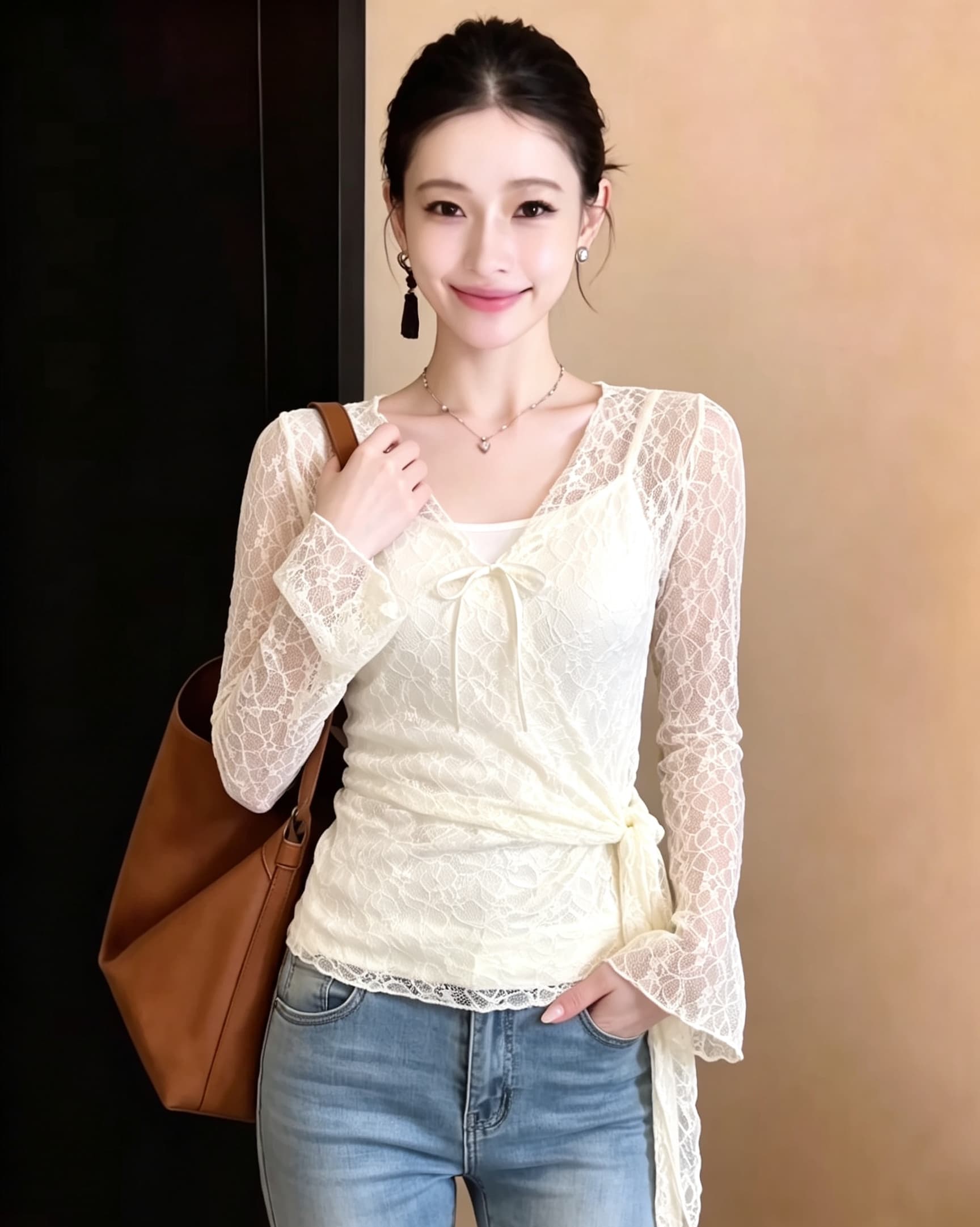 한 부서 순수한 욕망 레이스 자수 디자인 센스 스트랩 작은 셔츠 여성 가을 슬림해 보이는 맨위 상세 이미지 1