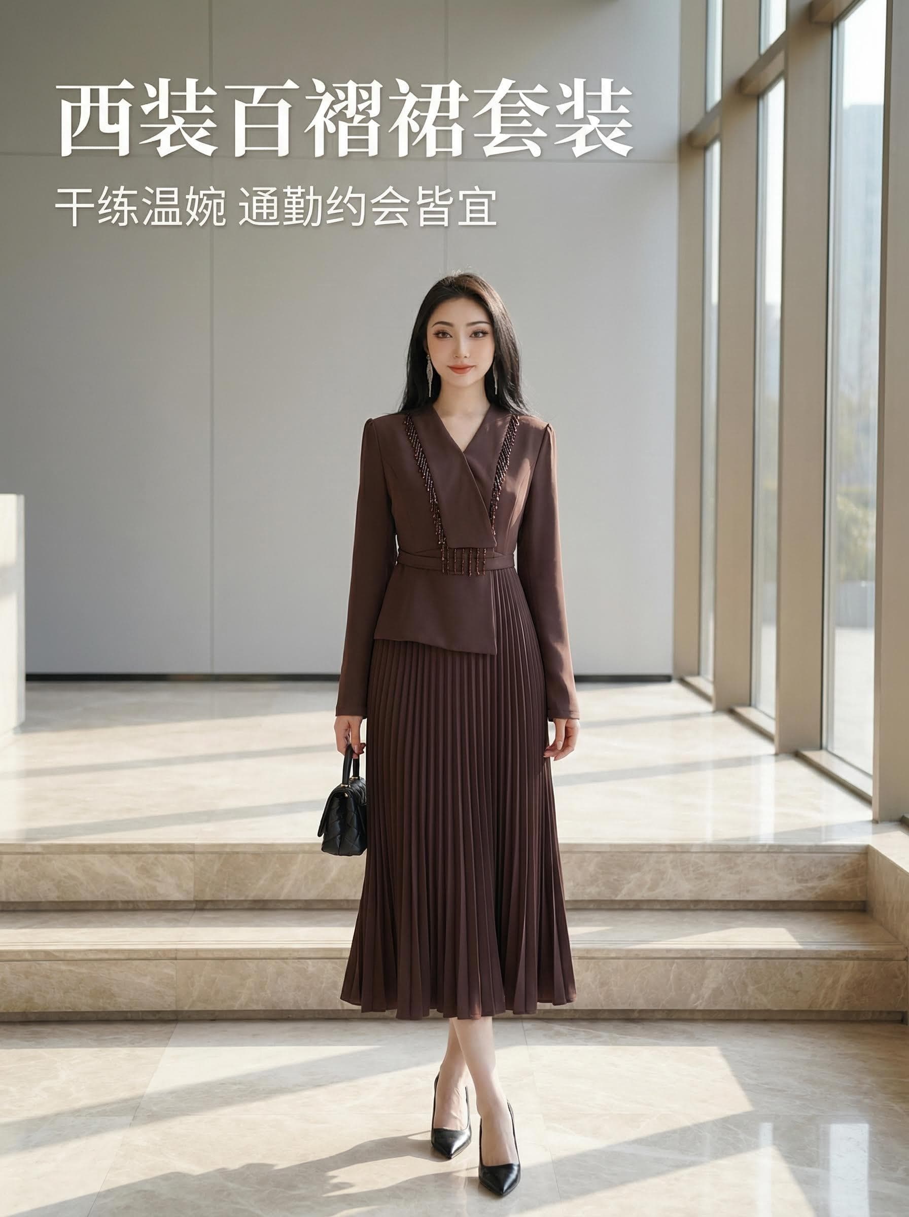 새로운 V넥 긴팔 플리츠 스커트 무거운 작업 수공 비즈 우아함 롱 스커트 여성 드레스 정장 칼라 여성 의류 상세 이미지 2