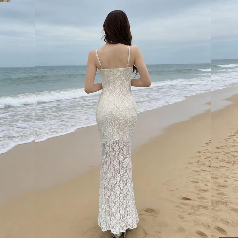 프랑스식 레트로 섹시함 레이스 홀로우 아웃 몸매 가꾸기 타이트 스커트 인어 꼬리 슬립 롱 스커트 품격 고급 센스 슬립 드레스 이미지 5
