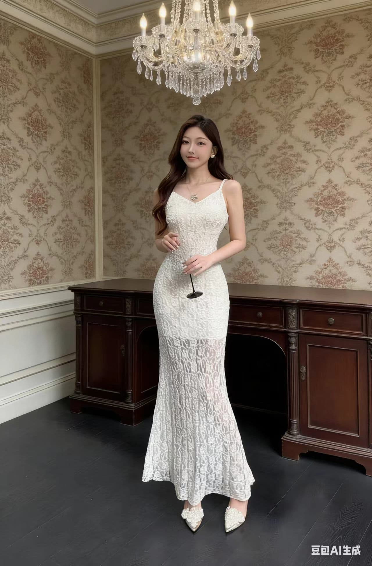 프랑스식 레트로 섹시함 레이스 홀로우 아웃 몸매 가꾸기 타이트 스커트 인어 꼬리 슬립 롱 스커트 품격 고급 센스 슬립 드레스 상세 이미지 2