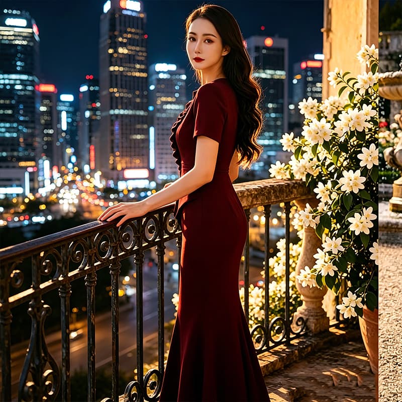 여름 명문 여성 품격 우아함 빛 럭셔리 인어 꼬리 스커트 여성 의류 몸매 가꾸기 슬림해 보이는 프릴 표지 배 반팔 드레스 이미지 3