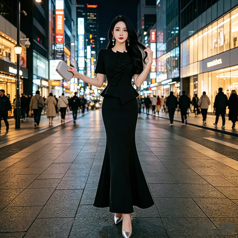 여름 명문 여성 품격 우아함 빛 럭셔리 인어 꼬리 스커트 여성 의류 몸매 가꾸기 슬림해 보이는 프릴 표지 배 반팔 드레스 이미지 4