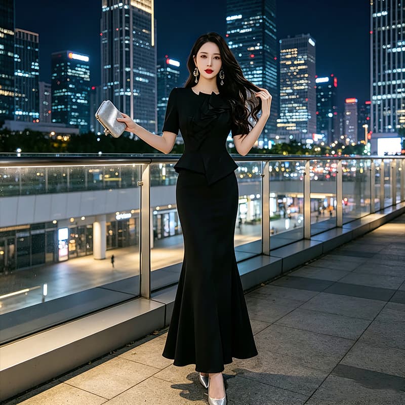 여름 명문 여성 품격 우아함 빛 럭셔리 인어 꼬리 스커트 여성 의류 몸매 가꾸기 슬림해 보이는 프릴 표지 배 반팔 드레스 상세 이미지 17