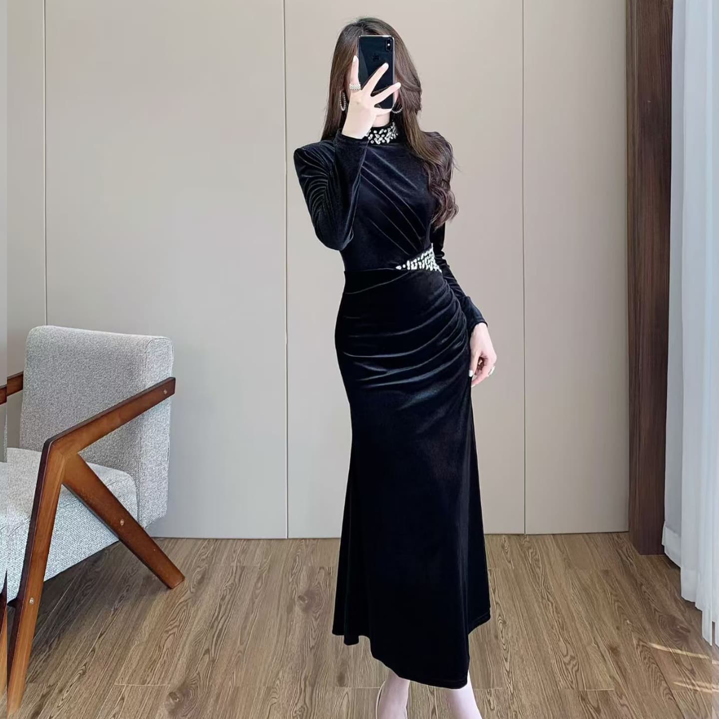 벨벳 여성 드레스 2026 가을 긴팔 허리 수축 레트로 프랑스식 빛 럭셔리 고급 센스 핑크색 인어 꼬리 작은 드레스 상세 이미지 5