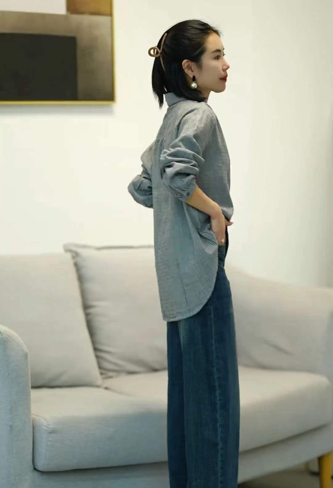 스트라이프 부서 공제 폴로 칼라 셔츠 셔츠 외출용 여성 패션 주머니 디자인 연령 감소 다용도 맨위 상세 이미지 4