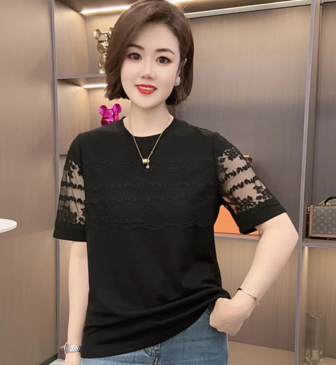 레이스 방적사 자수 패치워크 여름 라운드 넥 티셔츠 반팔 이미지 5