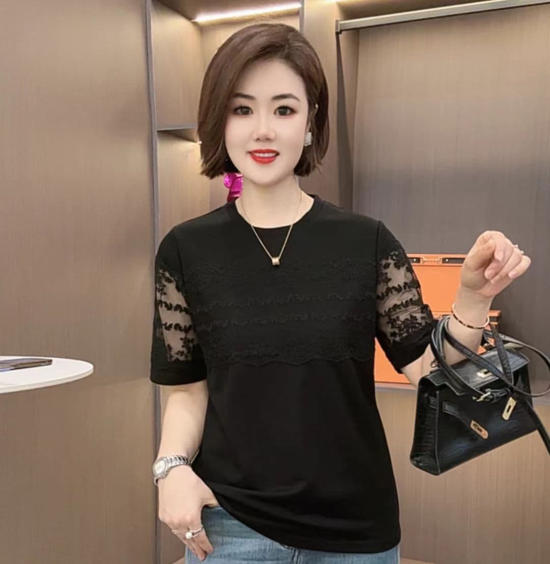 레이스 방적사 자수 패치워크 여름 라운드 넥 티셔츠 반팔 이미지 4