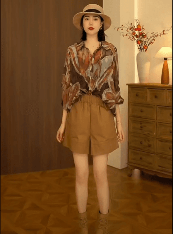레트로 프린트 긴팔 여성 셔츠 폴로 칼라 슬림해 보이는 품격 셔츠 상세 이미지 2
