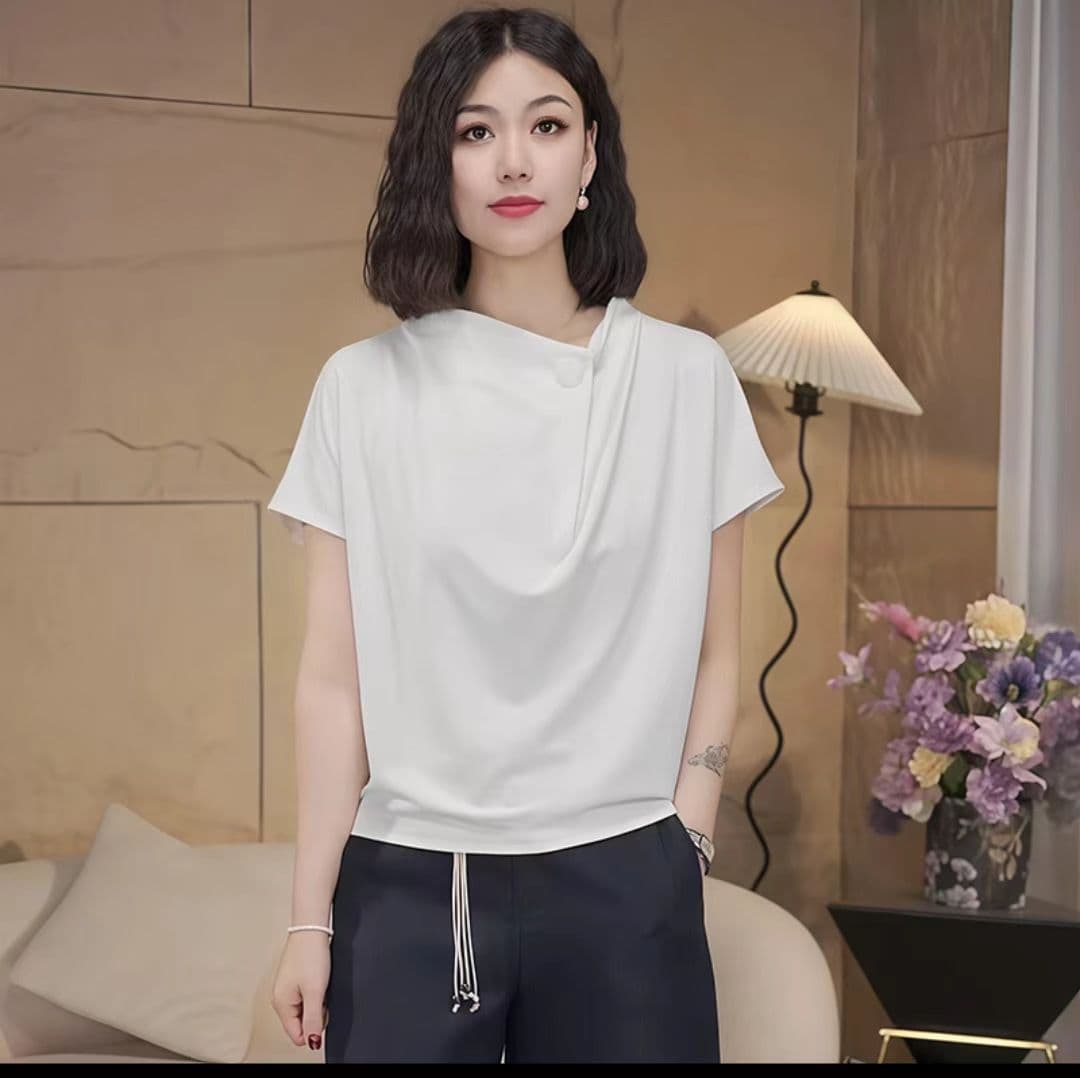 높음 포함 면 패션 품격 연령 감소 반팔 후드티 여성 새로운 디자인 센스 Chic 단추 맨위 상세 이미지 4