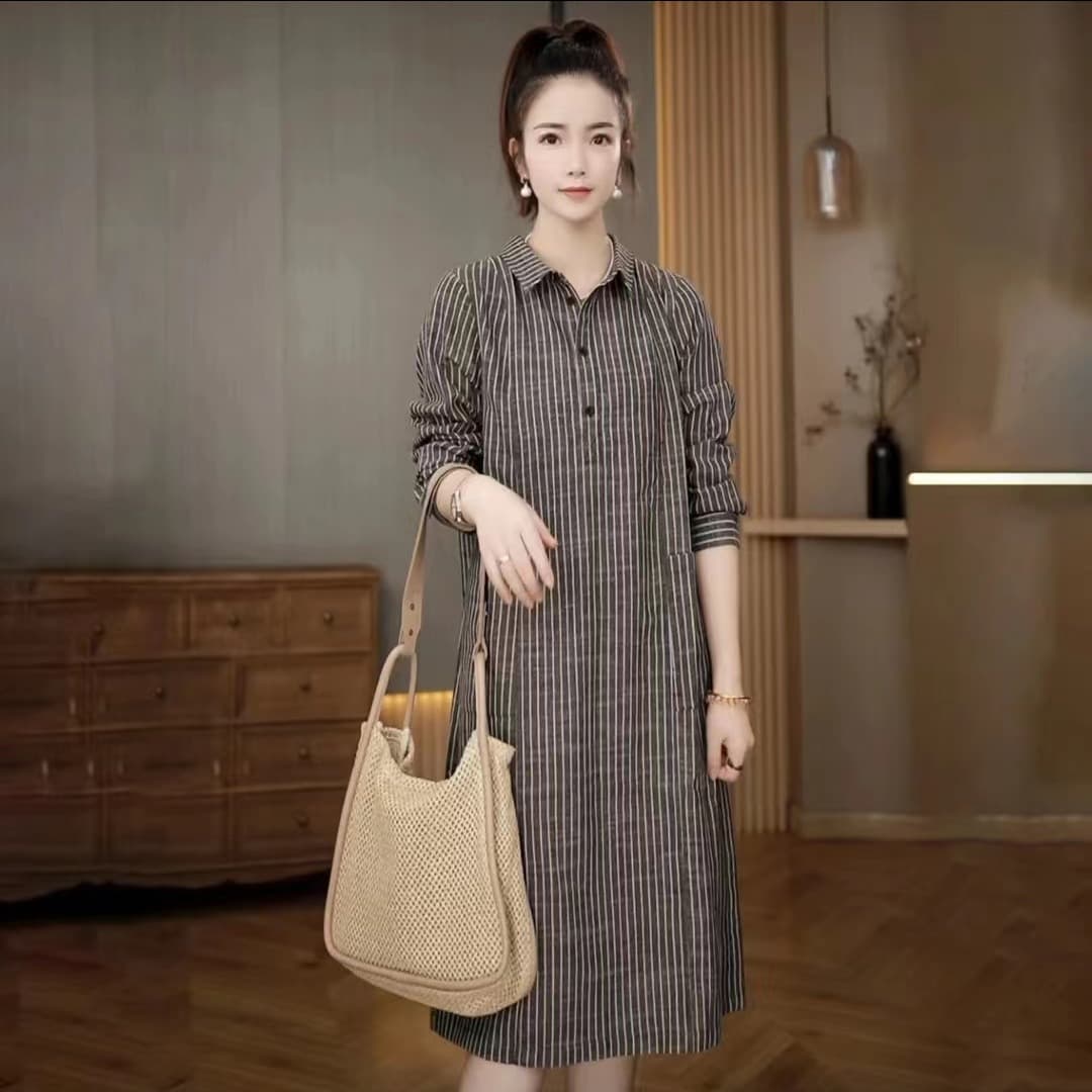 인터넷 유명인 폭발 가을 새로운 한국 스타일 레트로 스트라이프 긴팔 프랑스식 셔츠 드레스 연령 감소 슬림해 보이는 품격 드레스 이미지 5