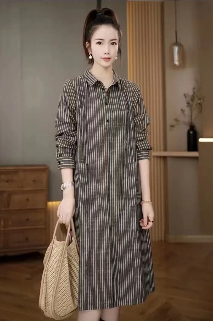 인터넷 유명인 폭발 가을 새로운 한국 스타일 레트로 스트라이프 긴팔 프랑스식 셔츠 드레스 연령 감소 슬림해 보이는 품격 드레스 이미지 6